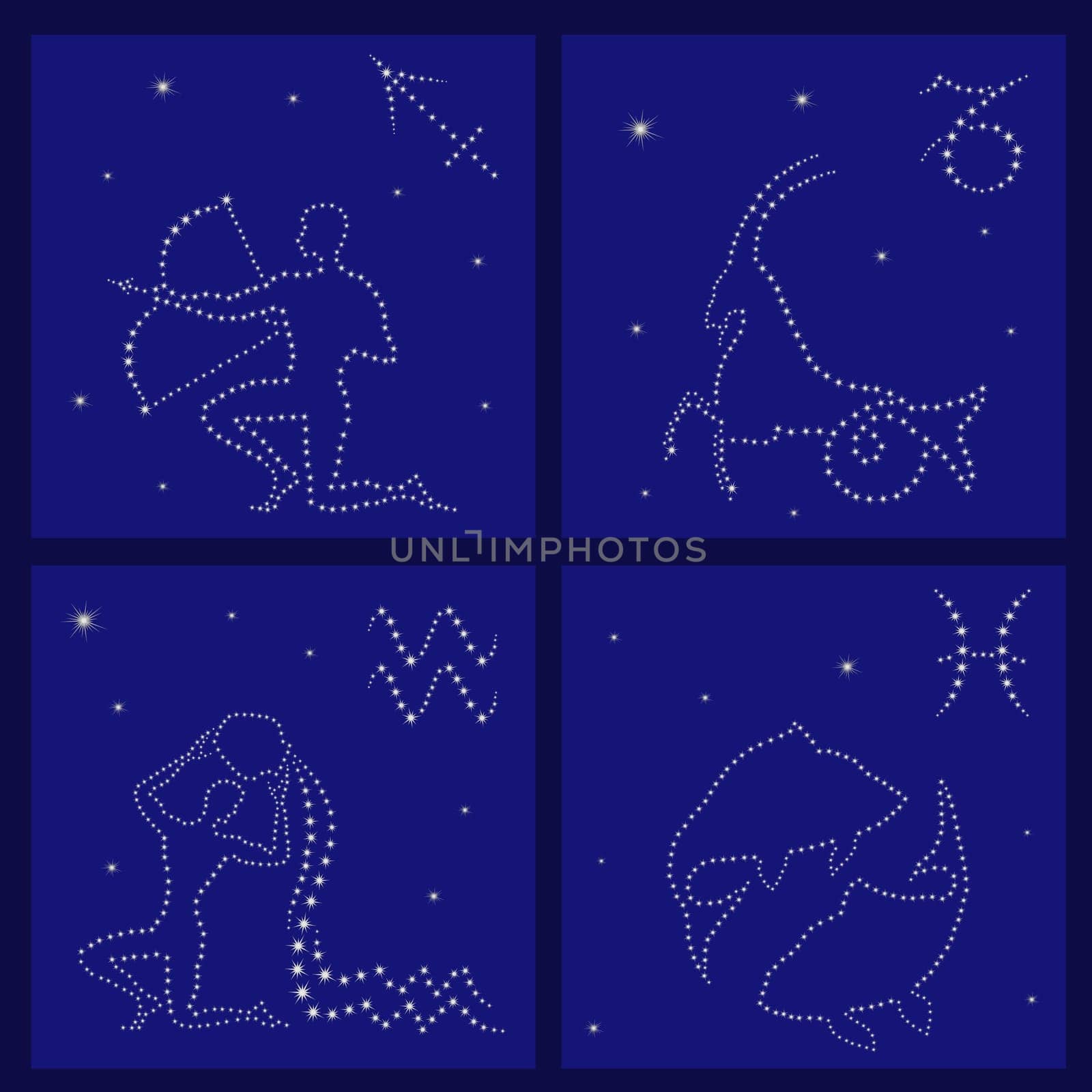 Four Zodiac signs on the starry sky vector illustration