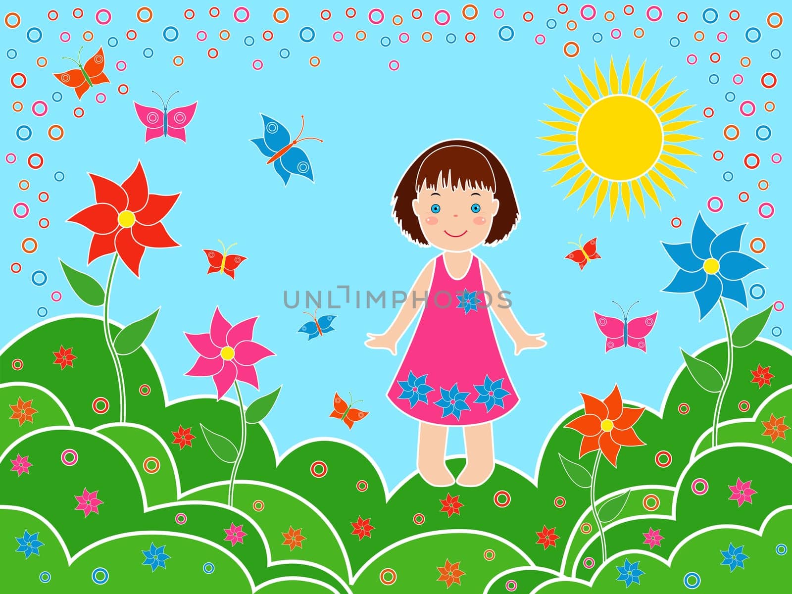 Small children girl on the meadows in sunny summer day, multicolor hand drawing vector illustration