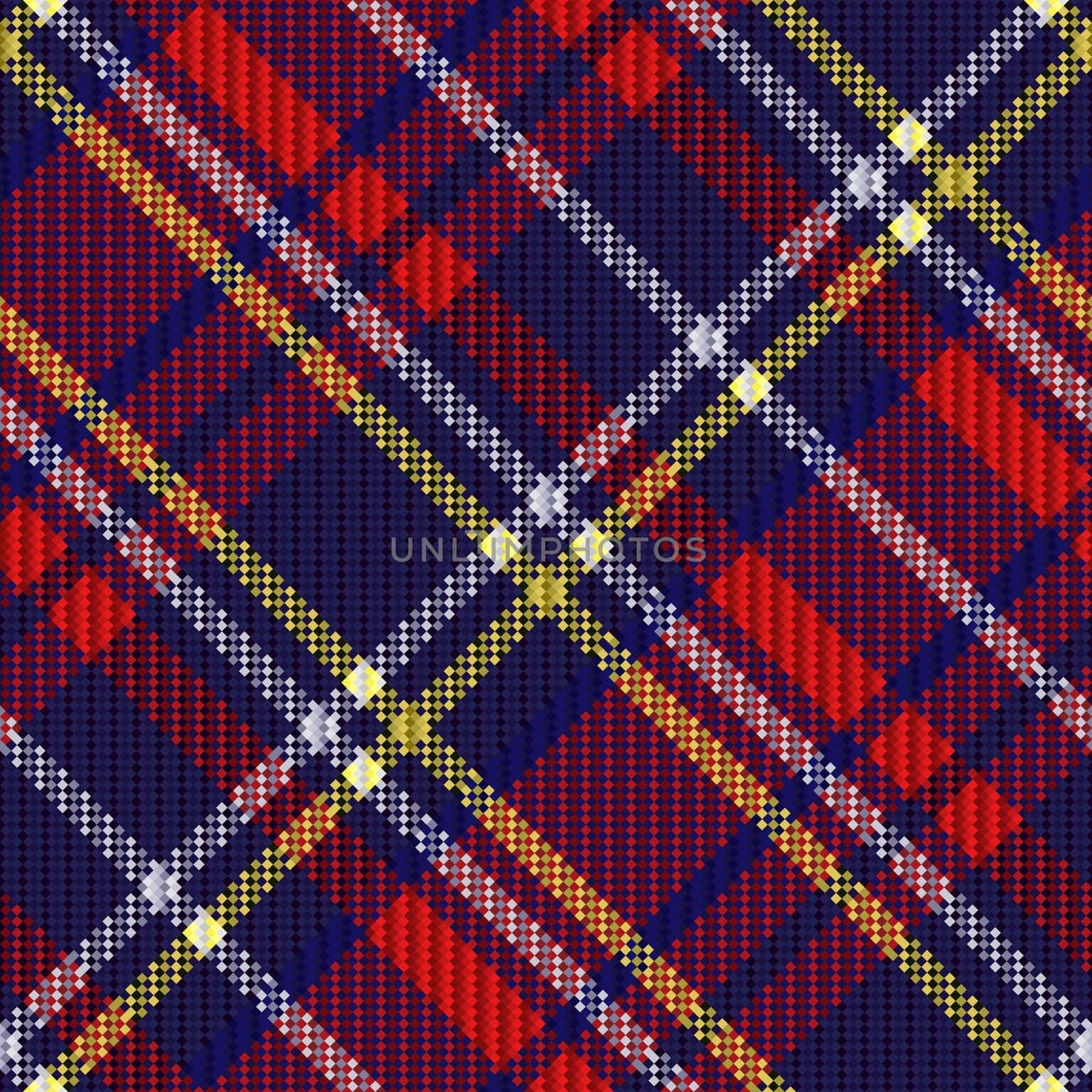 Diagonal seamless checkered shades of dark blue, red and white vector pattern as a tartan plaid