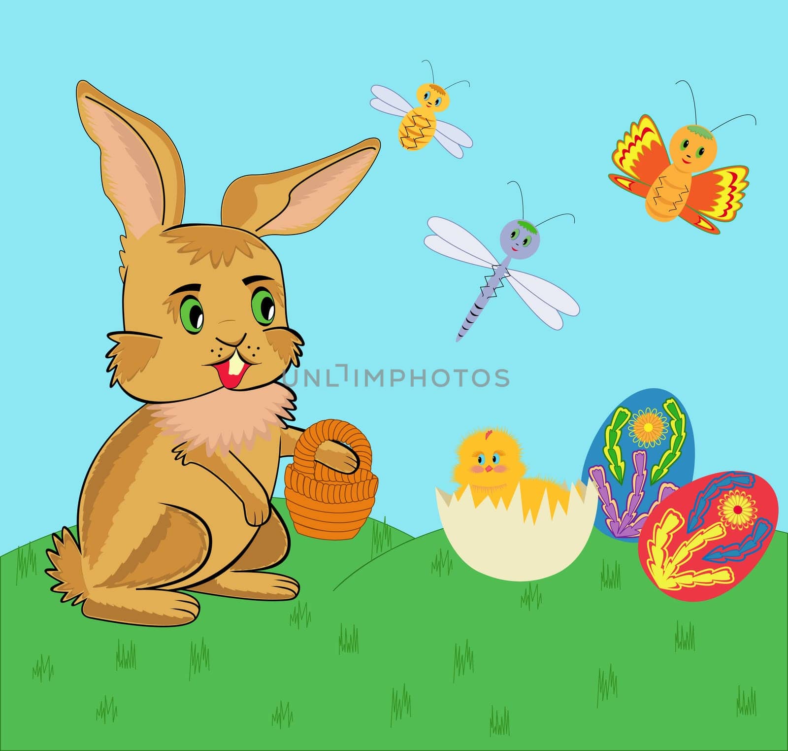 Easter bunny and chicken with Easter eggs on green grass. Cartoon vector illustration