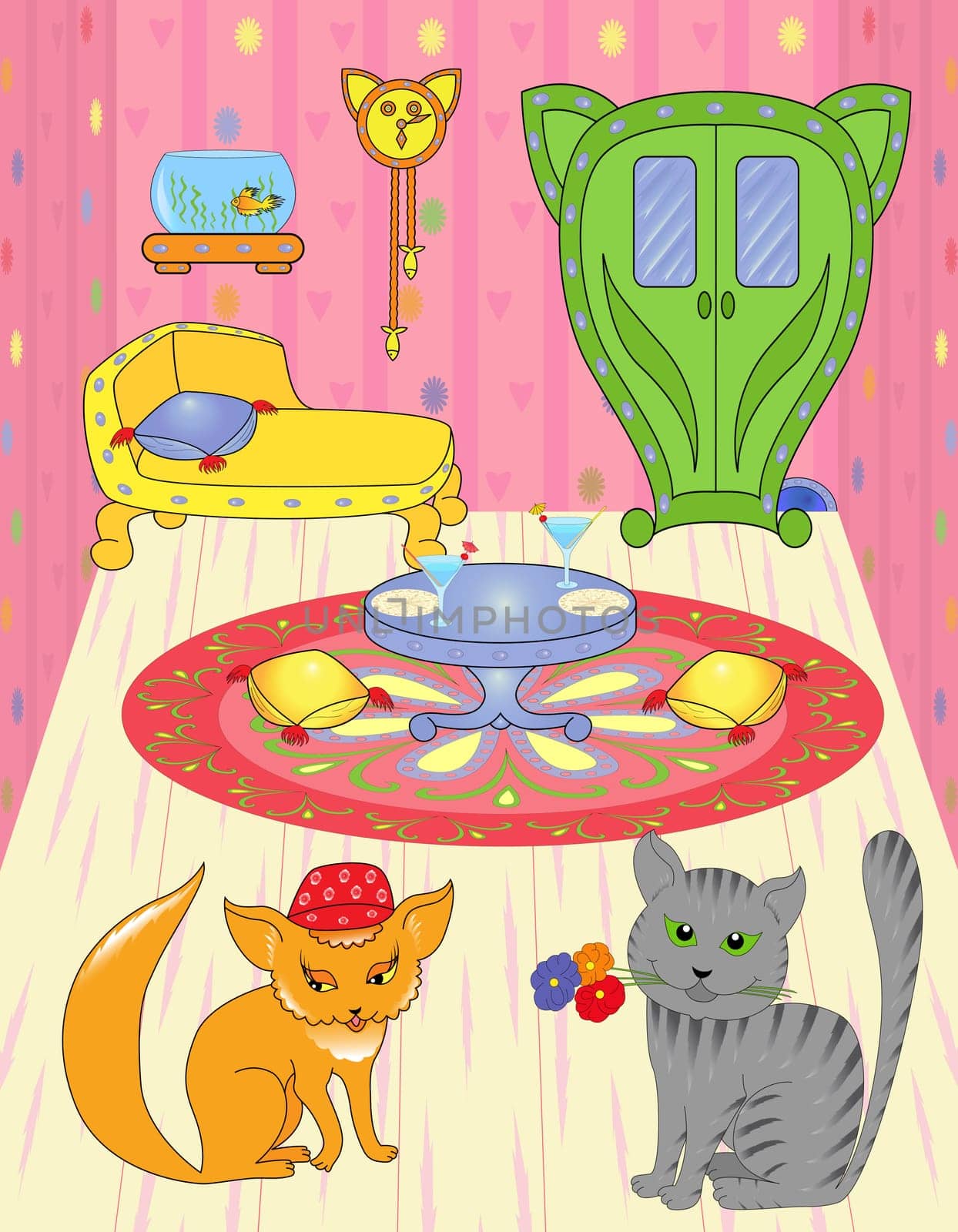 Cat with flowers came on a visit to pussy. Hand drawing cartoon vector illustration