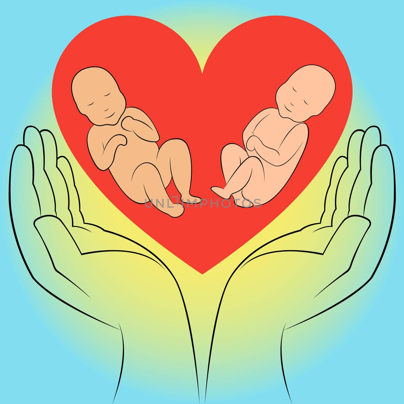 Two unborn babies in human hands on the heart background. Hand drawing vector illustration