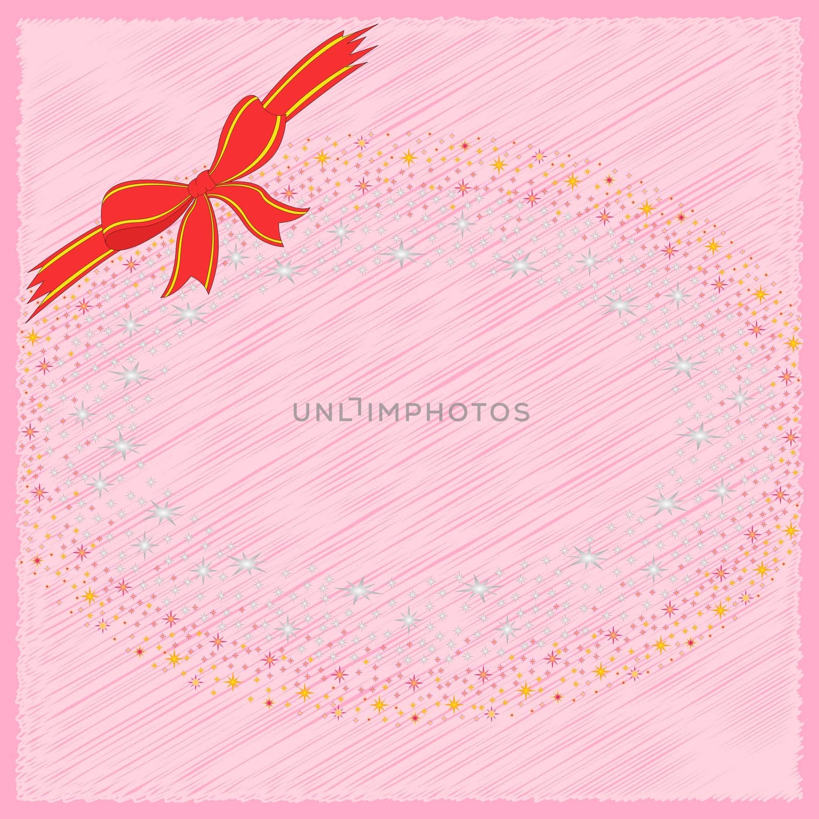 Vector illustration of greeting postcard on pink background with ribbon and many multicolor stars