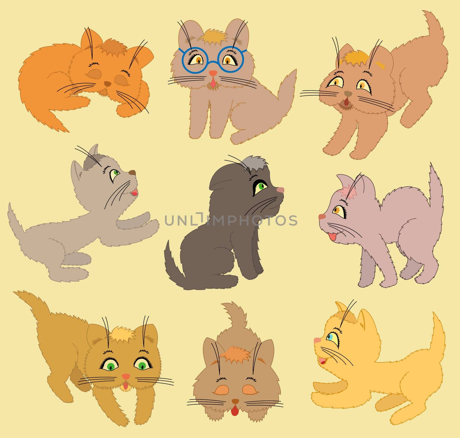Set of nine various cartoon playful kittens. Vector hand drawing art illustration
