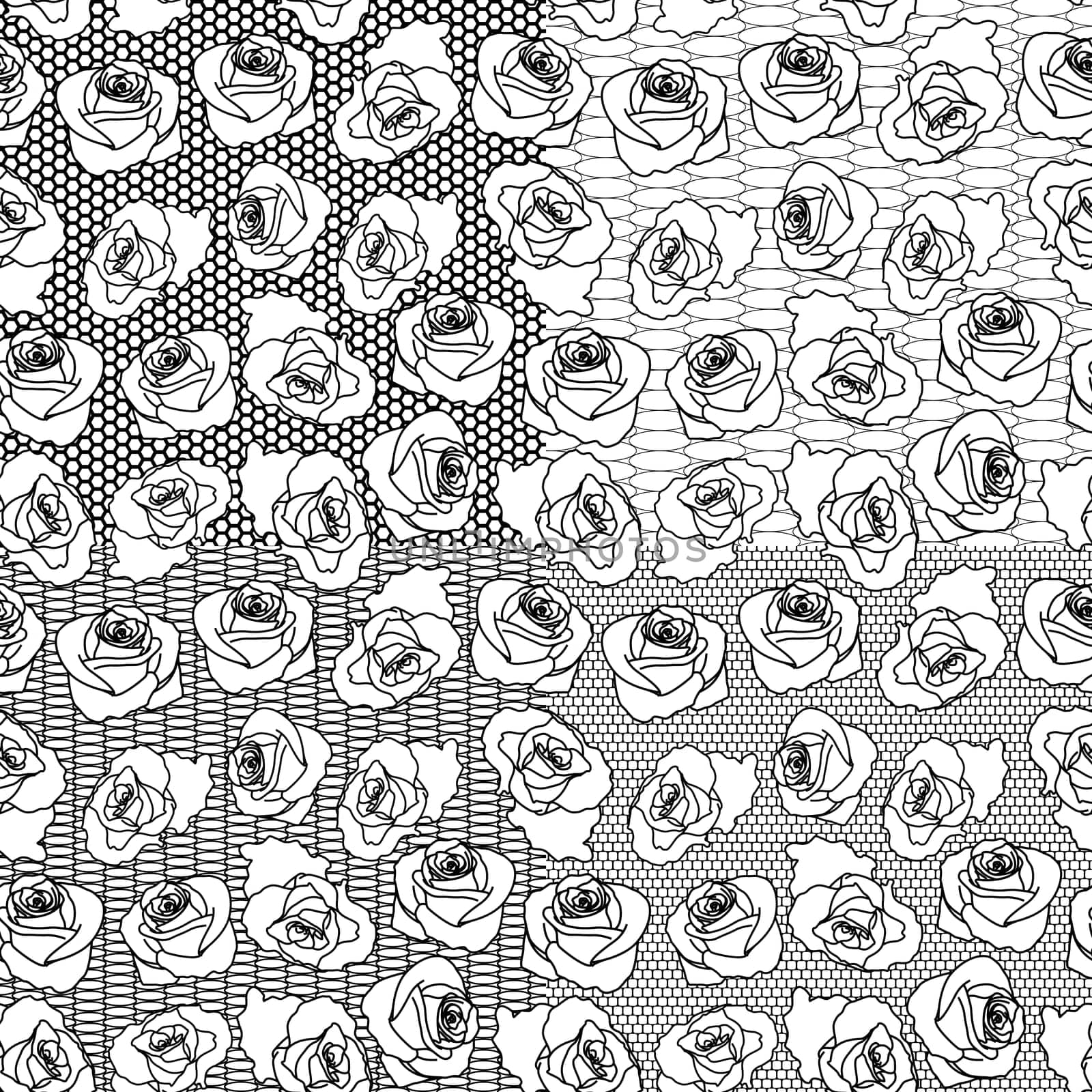 Four vector black and white seamless patterns on separate layers with rose flower elements on the grid background