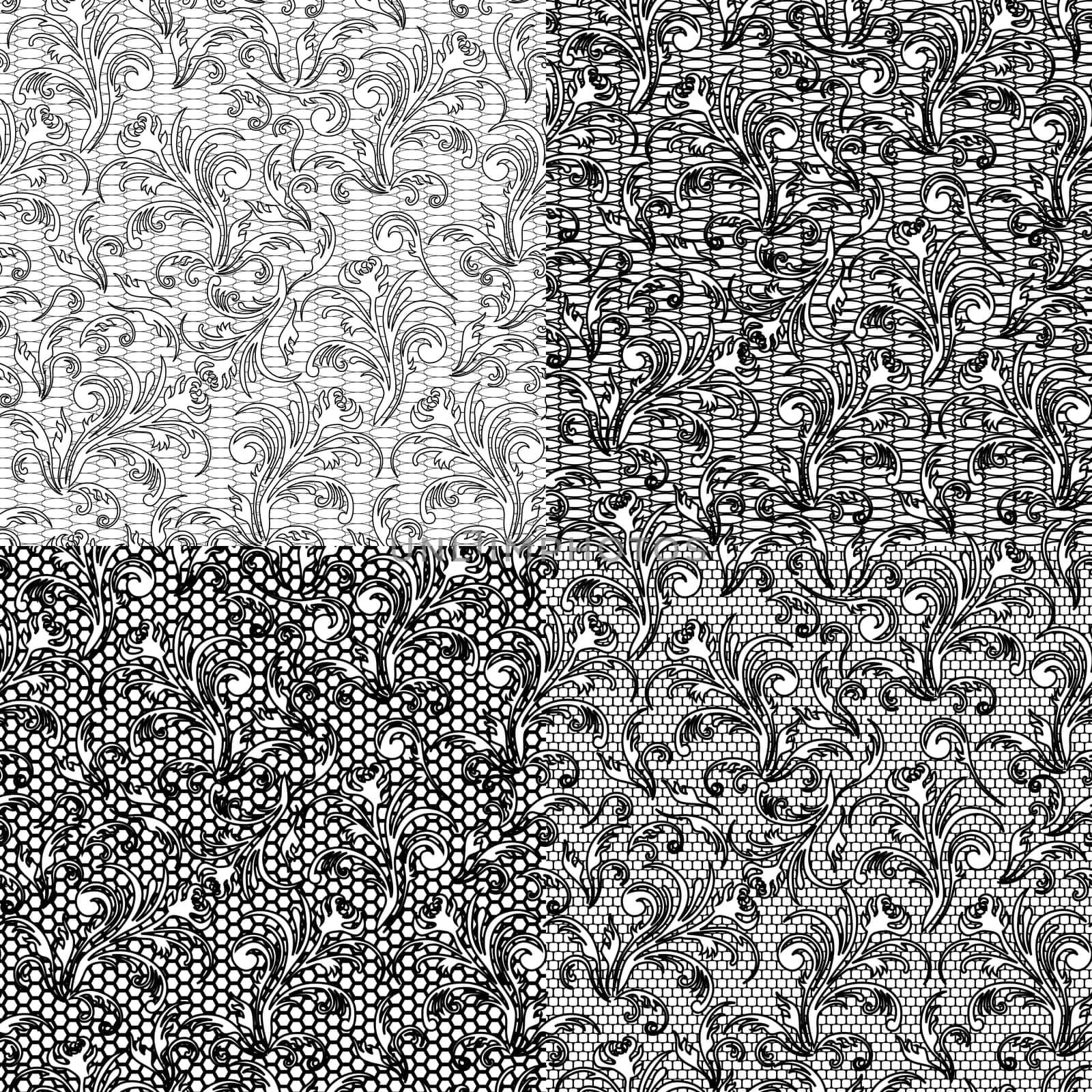 Four vector black and white seamless patterns on separate layers with herbal elements on the grid background