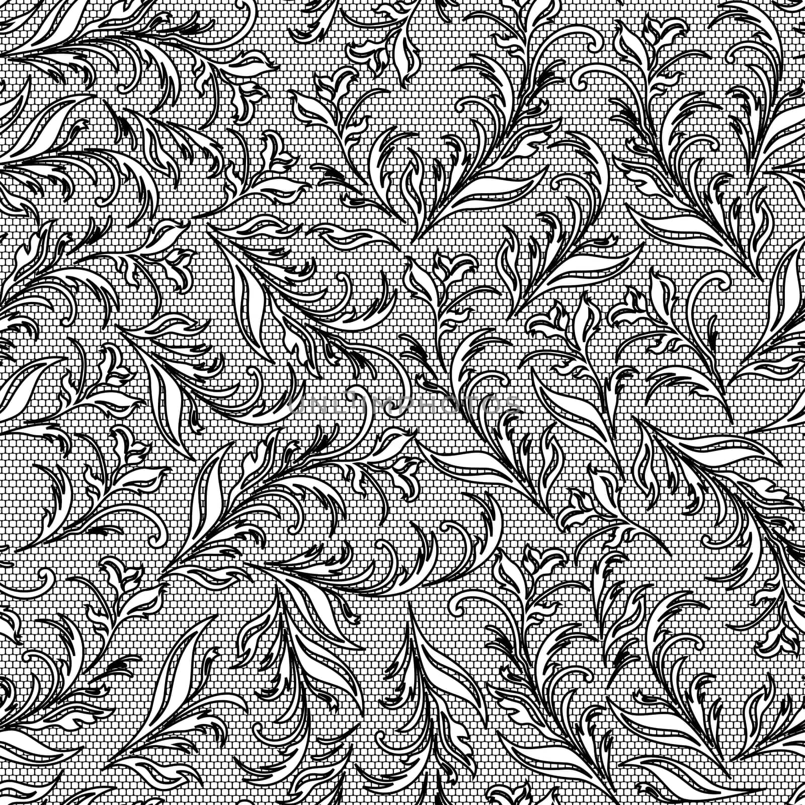 Vector black and white seamless pattern with herbal elements on the grid background