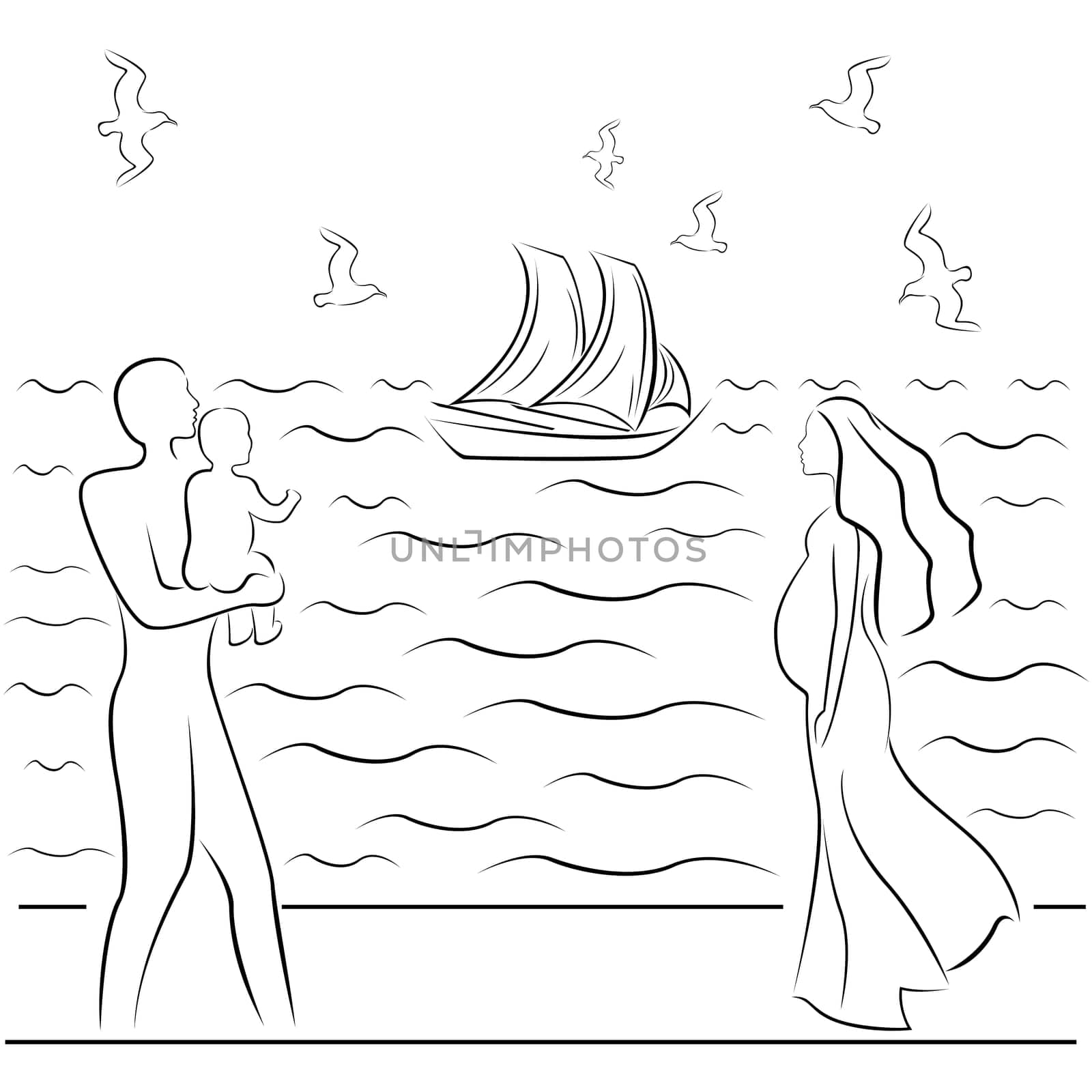 Man holding a baby and a pregnant woman on a sea coast, hand drawing black and white vector illustration