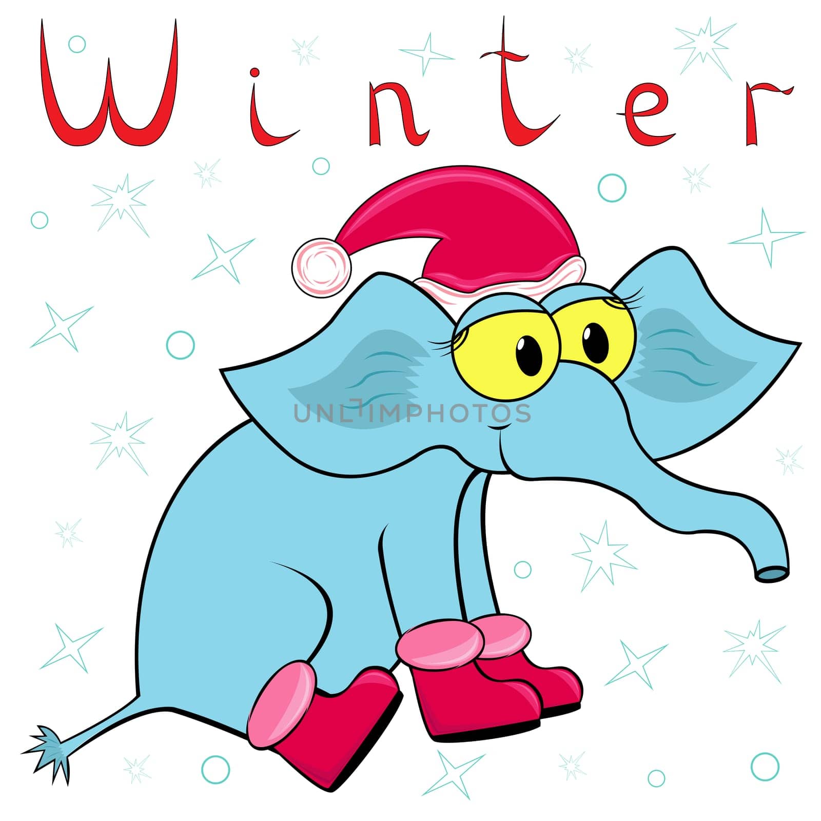 Why Elephant is so cold in winter? Cheerful Elephant in the cap of Santa and in the winter boots on the background of a winter motif. Hand drawing cartoon vector illustration