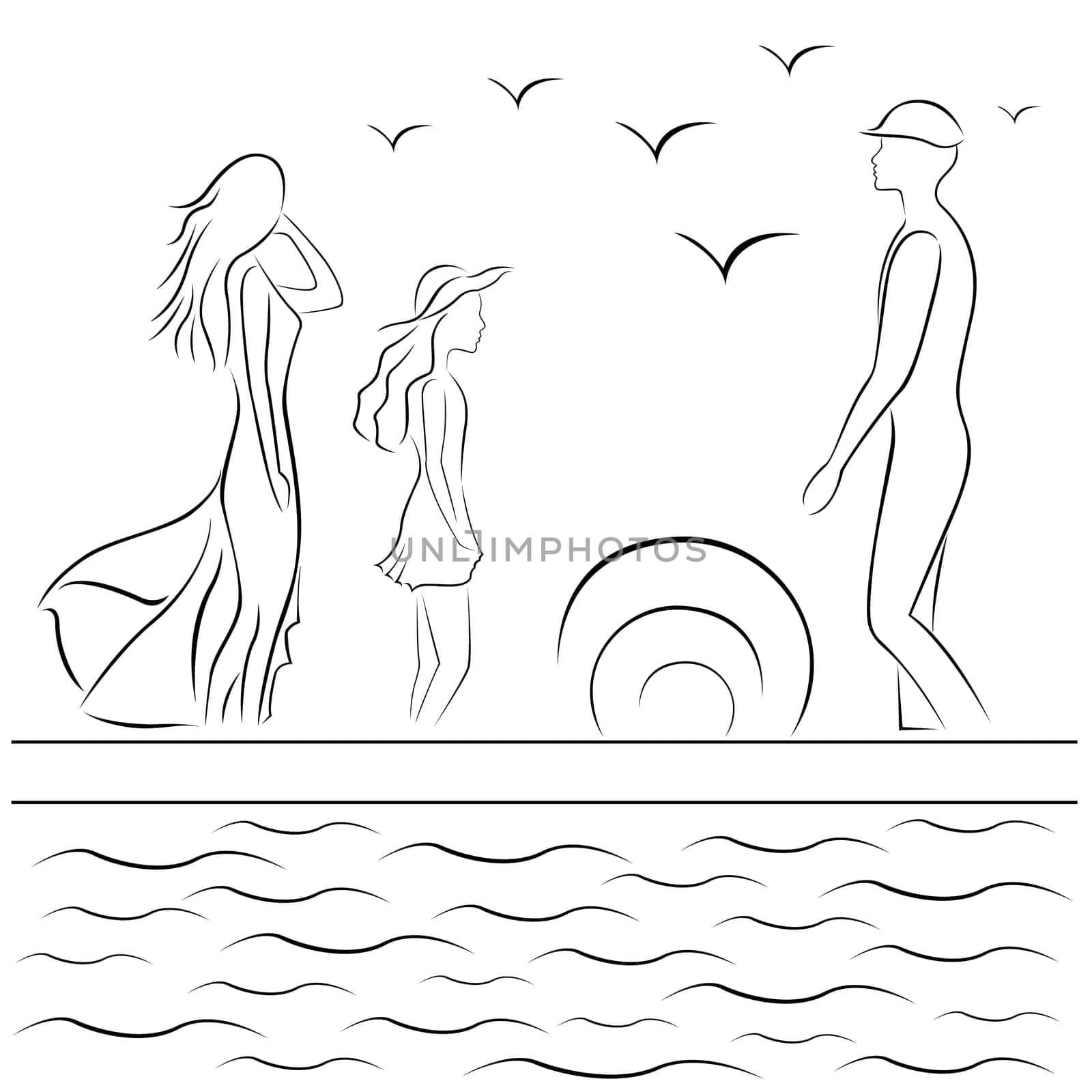 Family at sea pier at sunset, hand drawing black and white vector illustration