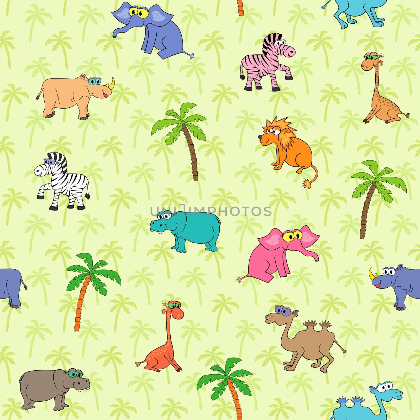 Seamless different south animals and plants pattern with cartoon elephant, camel, zebra, rhinoceros, hippopotamus, lion, giraffe and palm. Background with palms can be used as a separate seamless pattern