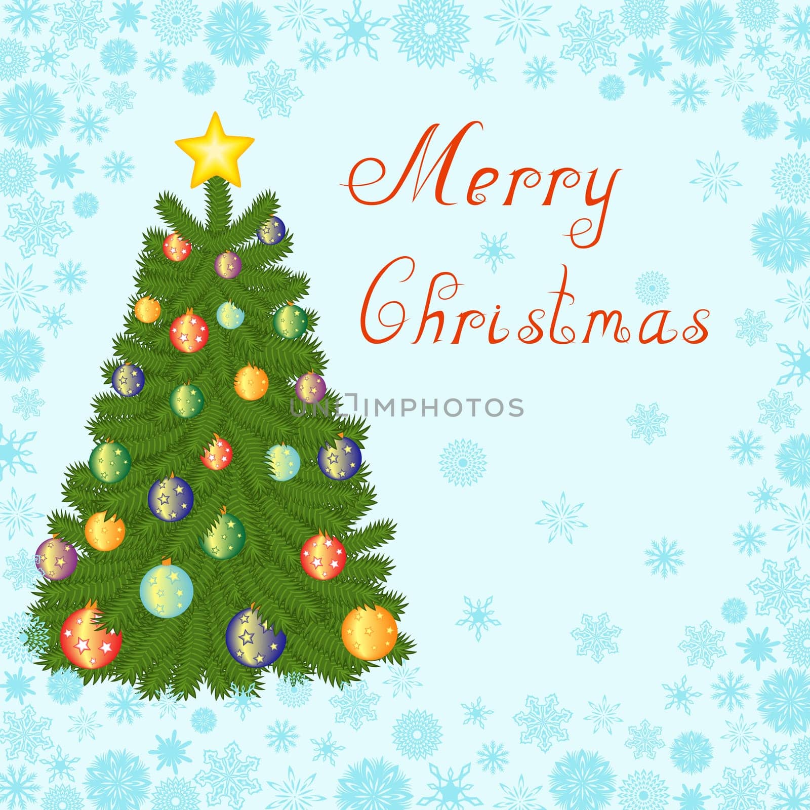 Greeting card with decorated Christmas tree on snowflakes the background hand drawing vector illustration