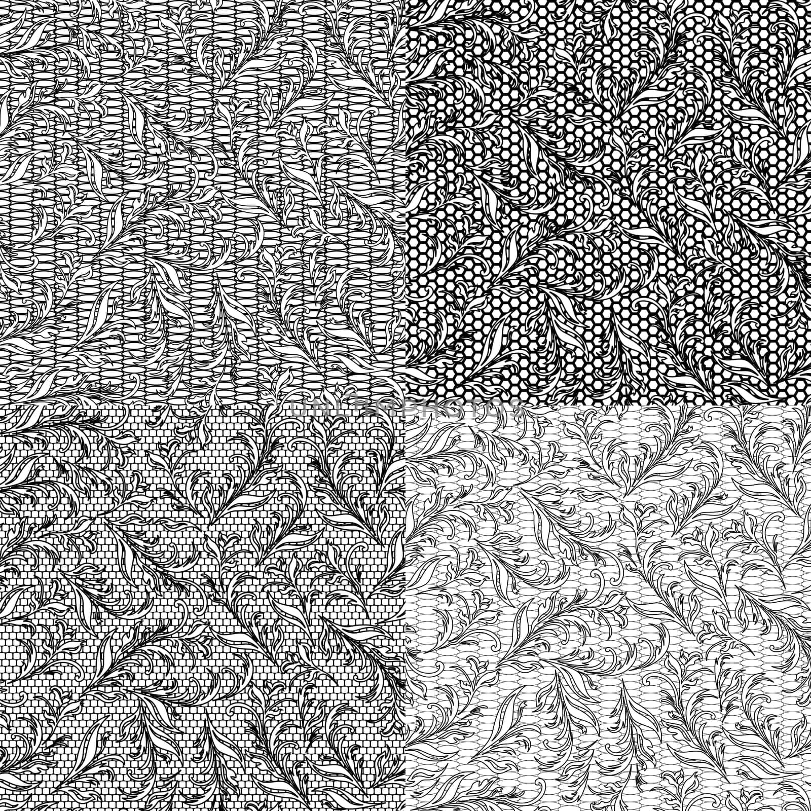 Four vector black and white seamless patterns on separate layers with floral elements on the grid background