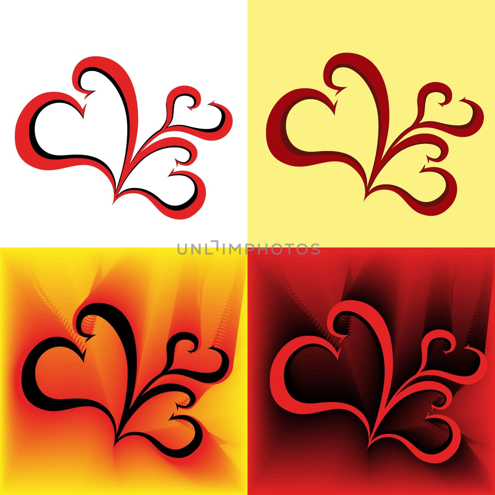 Four similar stylized swirl images as a hearts in different colors, hand drawing vector illustration