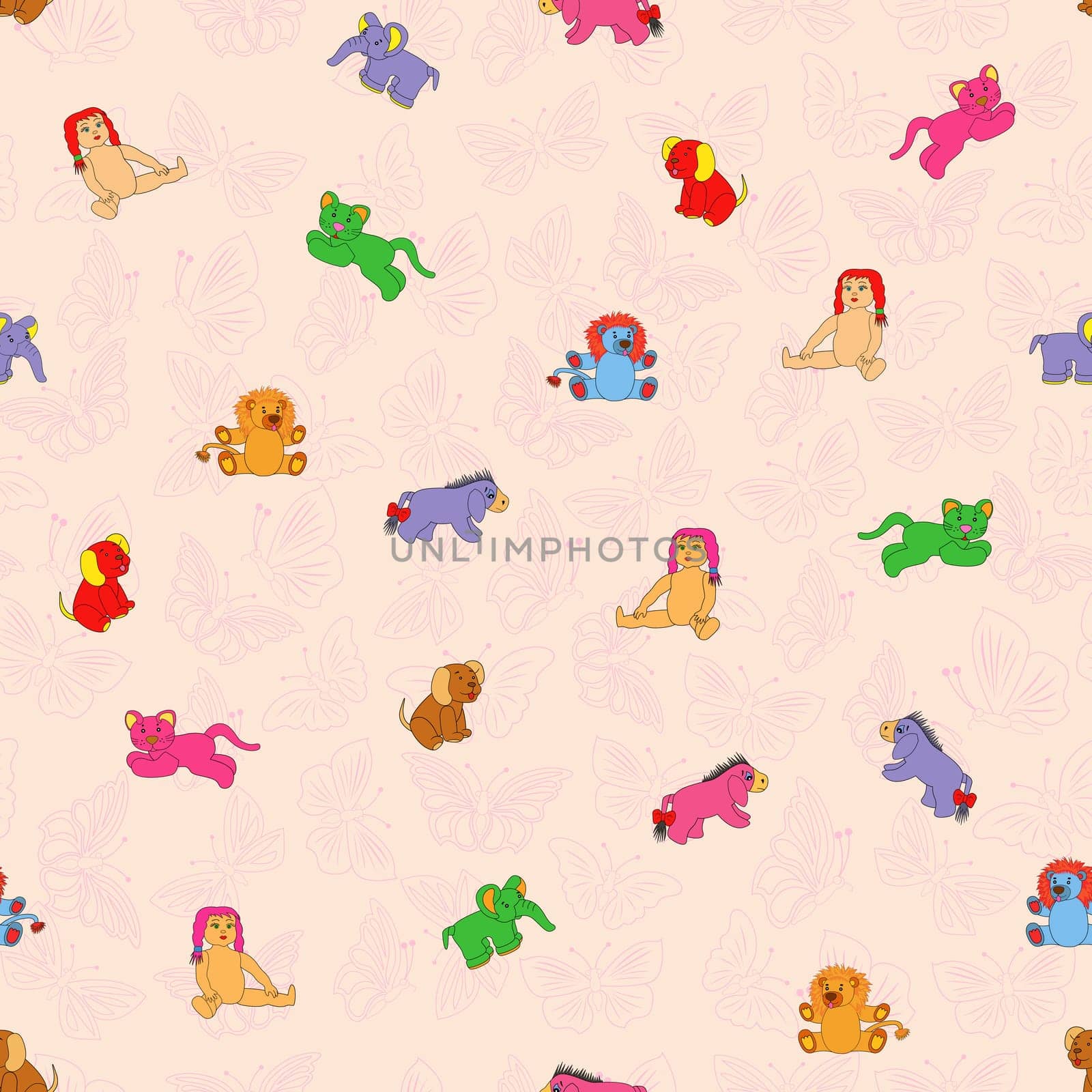 Seamless vector pattern of colorful cartoon toys. Pink background with butterflies can be used as a separate seamless pattern