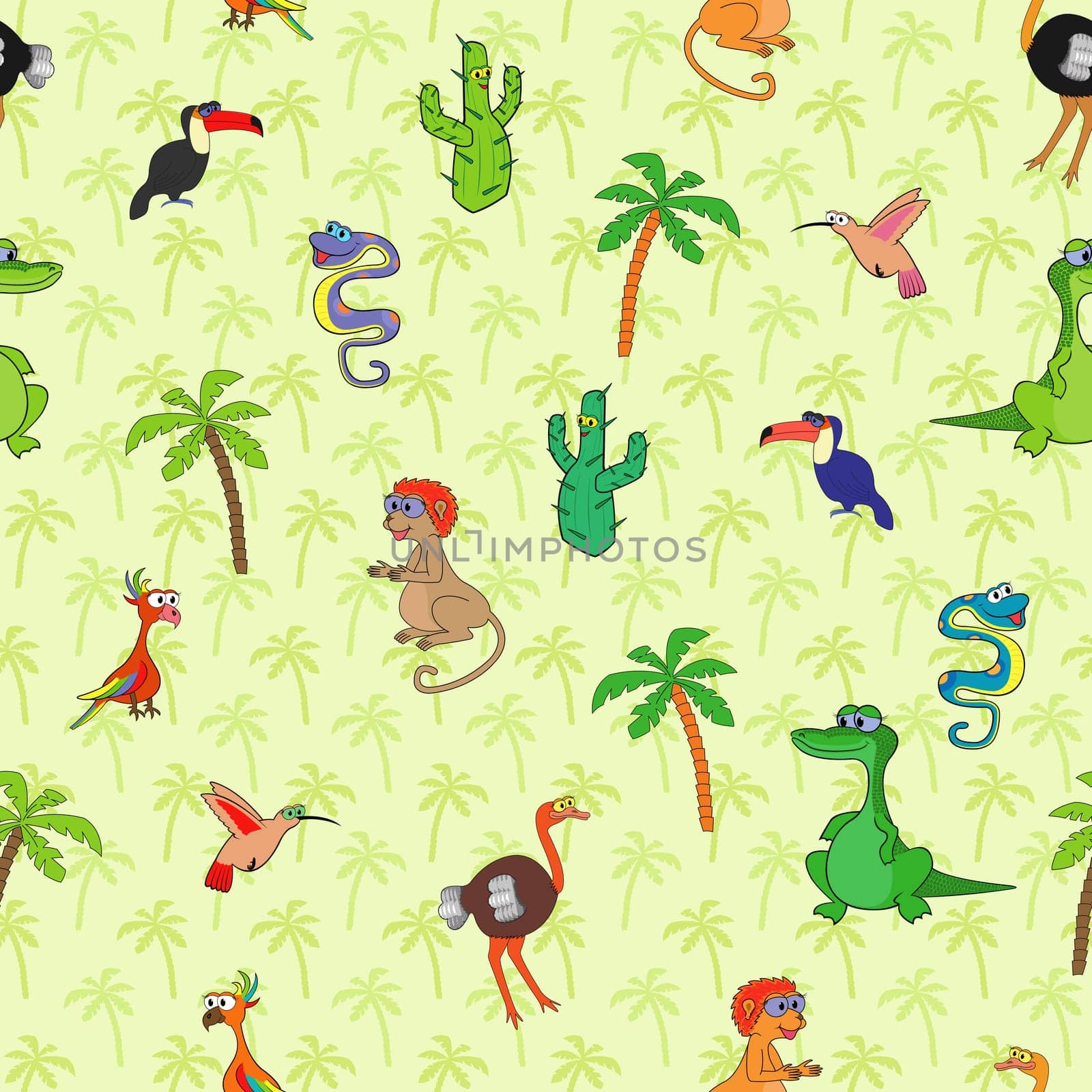 Seamless various south animals and plants pattern with cartoon cactus, monkey, ostrich, hummingbird, crocodile, boa, palm, toucan and parrot. Background with palms can be used as a separate seamless pattern