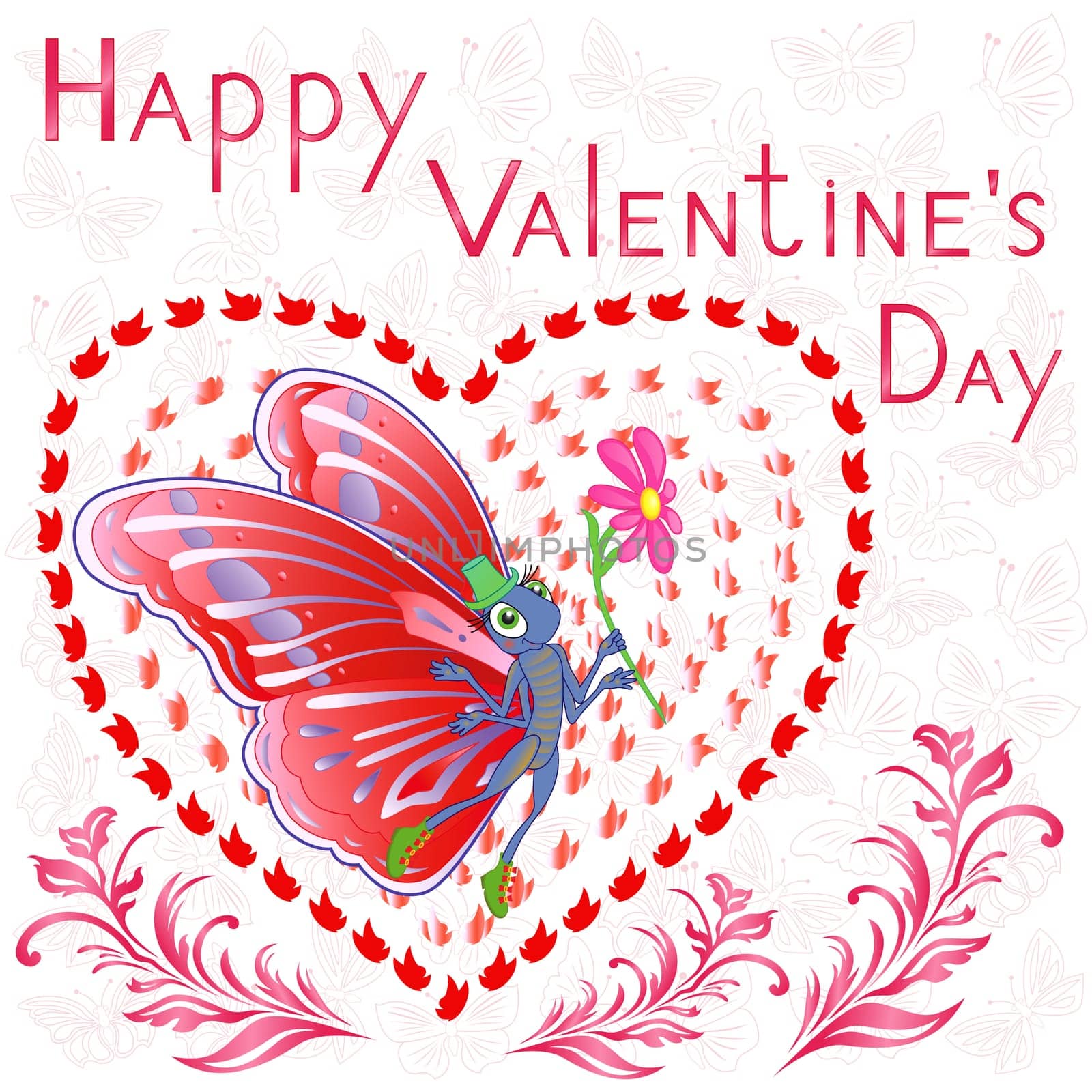 Happy Valentine’s Day, butterfly with flower on the background of heart and butterflies, hand drawing stylized vector greeting card in pink tints
