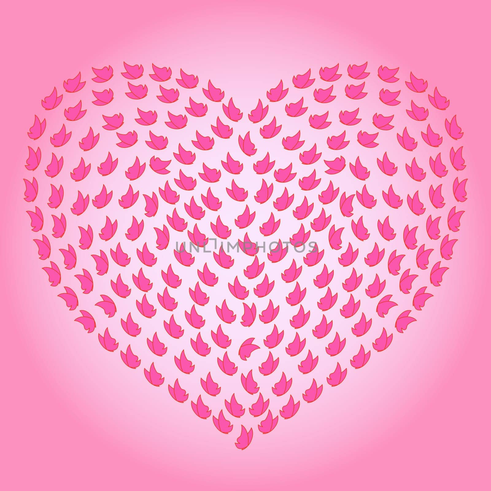 Heart with many small butterflies on the pink background as a love symbol, hand drawing vector illustration