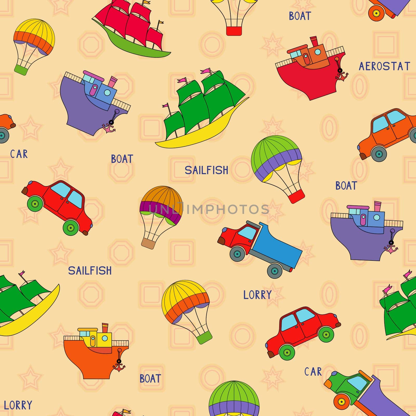Seamless various transport technique pattern with car, lorry, boat, sailfish, aerostat and their titles. Background can be used as a separate seamless pattern