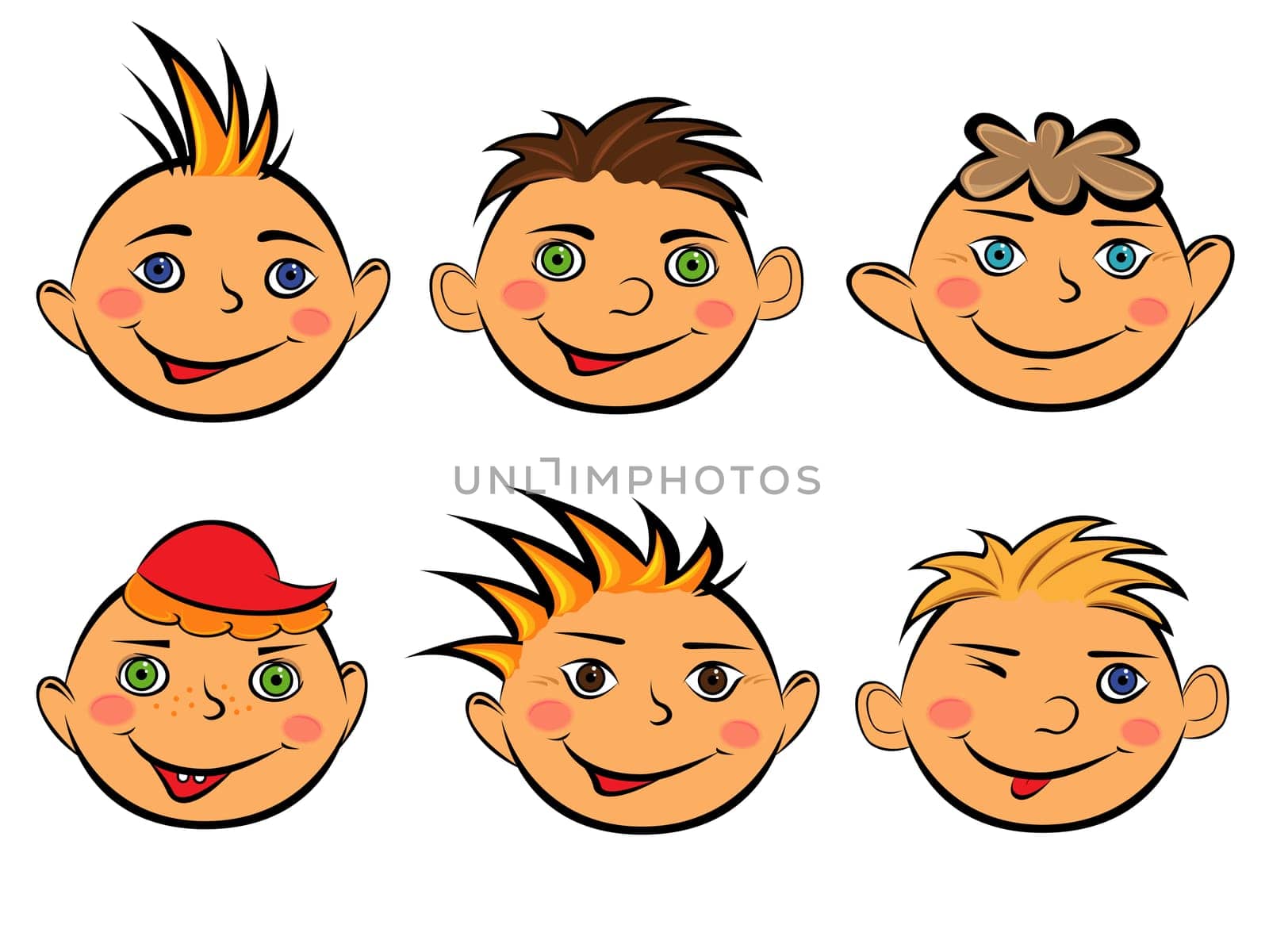 Set with six funny faces of smiling boys on white background, hand drawing cartoon vector illustration