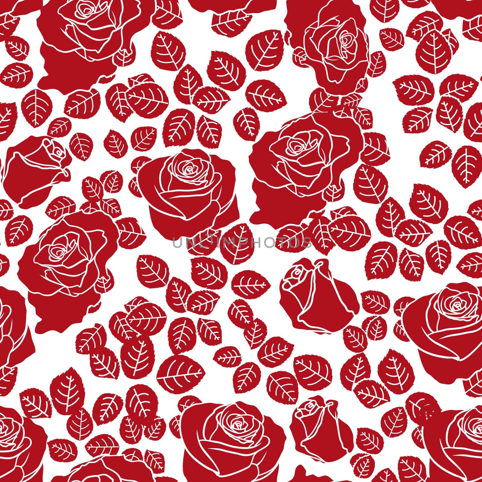 Red roses on white background, hand drawing bicolour seamless vector pattern