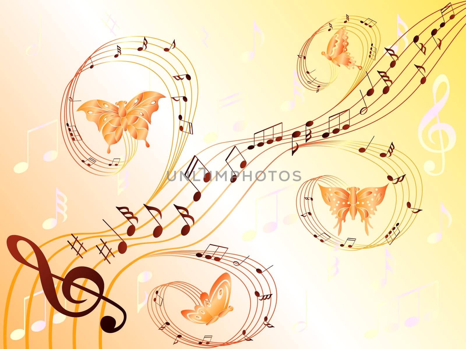 Various musical notes on stave and butterflies flying along, hand drawing stylized vector illustration