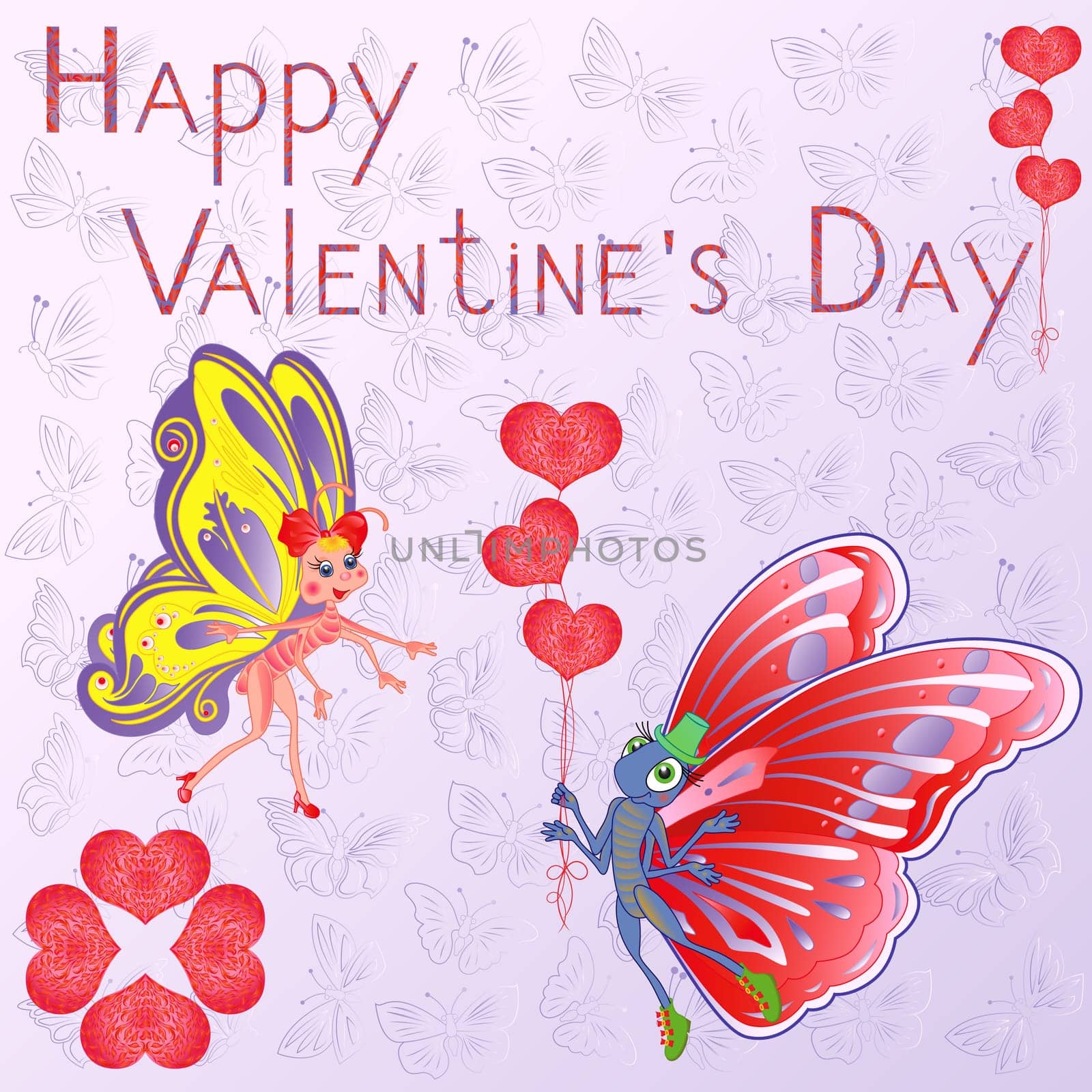 Happy Valentine Day, butterflies with balloons as a hearts on the butterflies background, hand drawing stylized vector greeting card