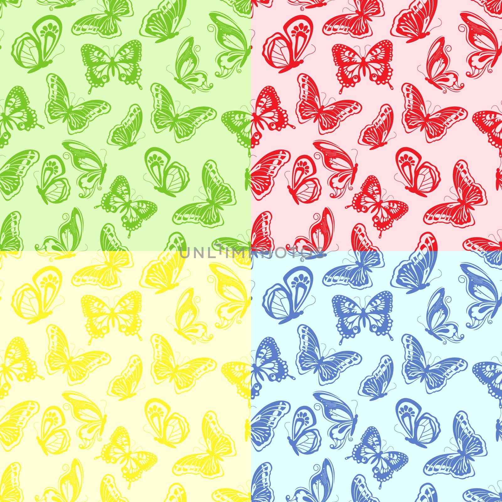 Four seamless colourful pattern with butterflies, hand drawing vector illustration