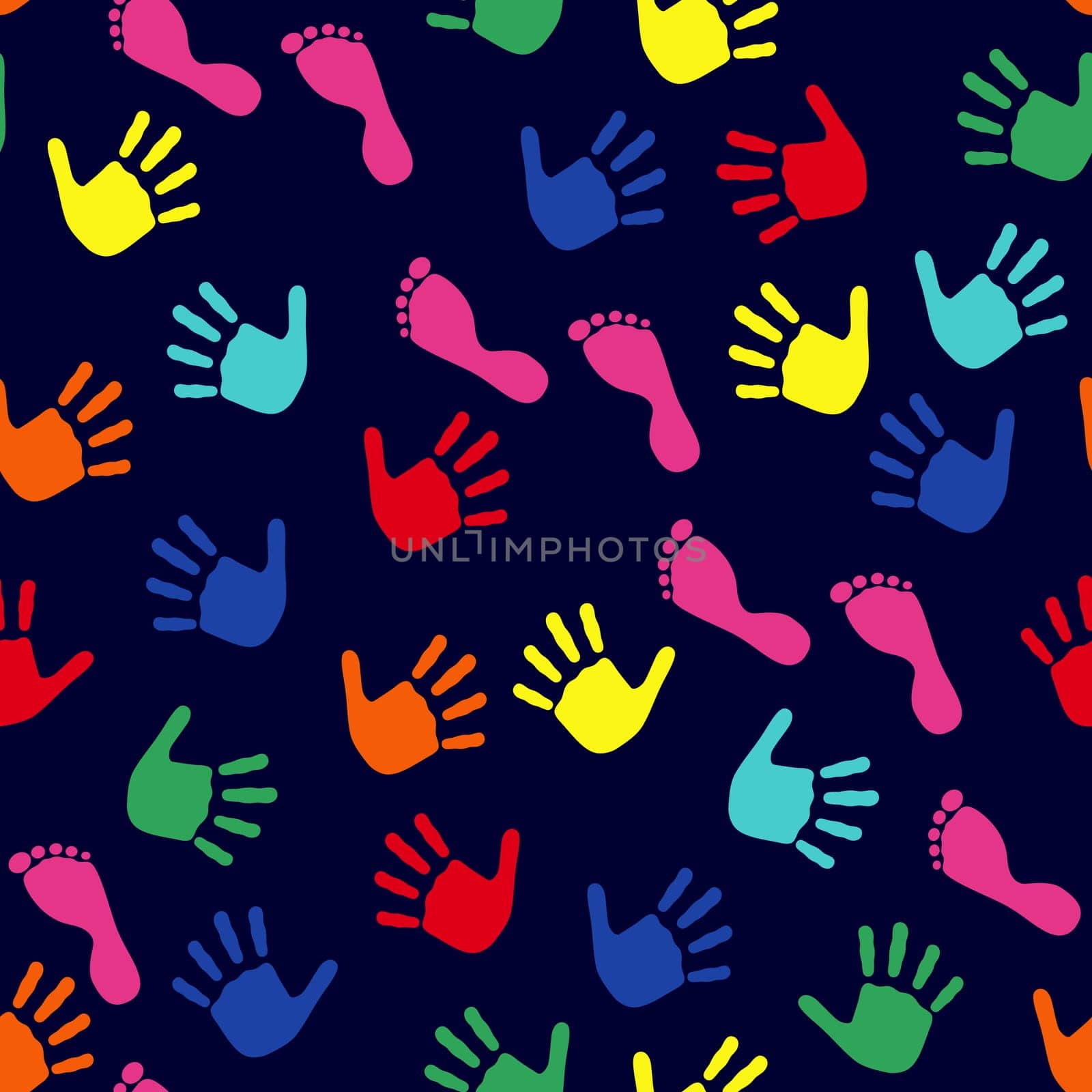 Seamless vector pattern with colorful imprints of children's hands and feet on a dark blue background