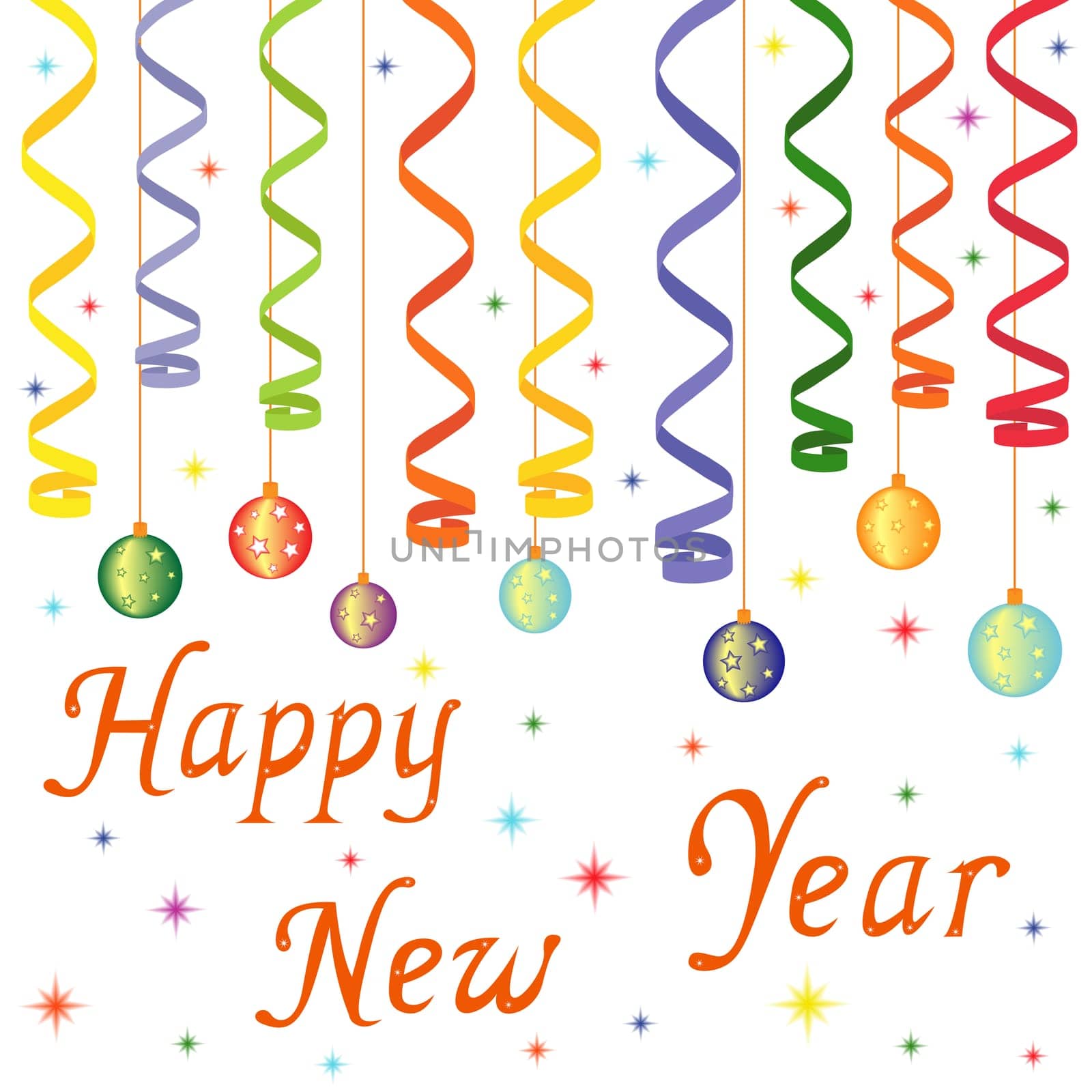 Happy New Year composition with serpentine and New Year decorations, hand drawing vector illustration