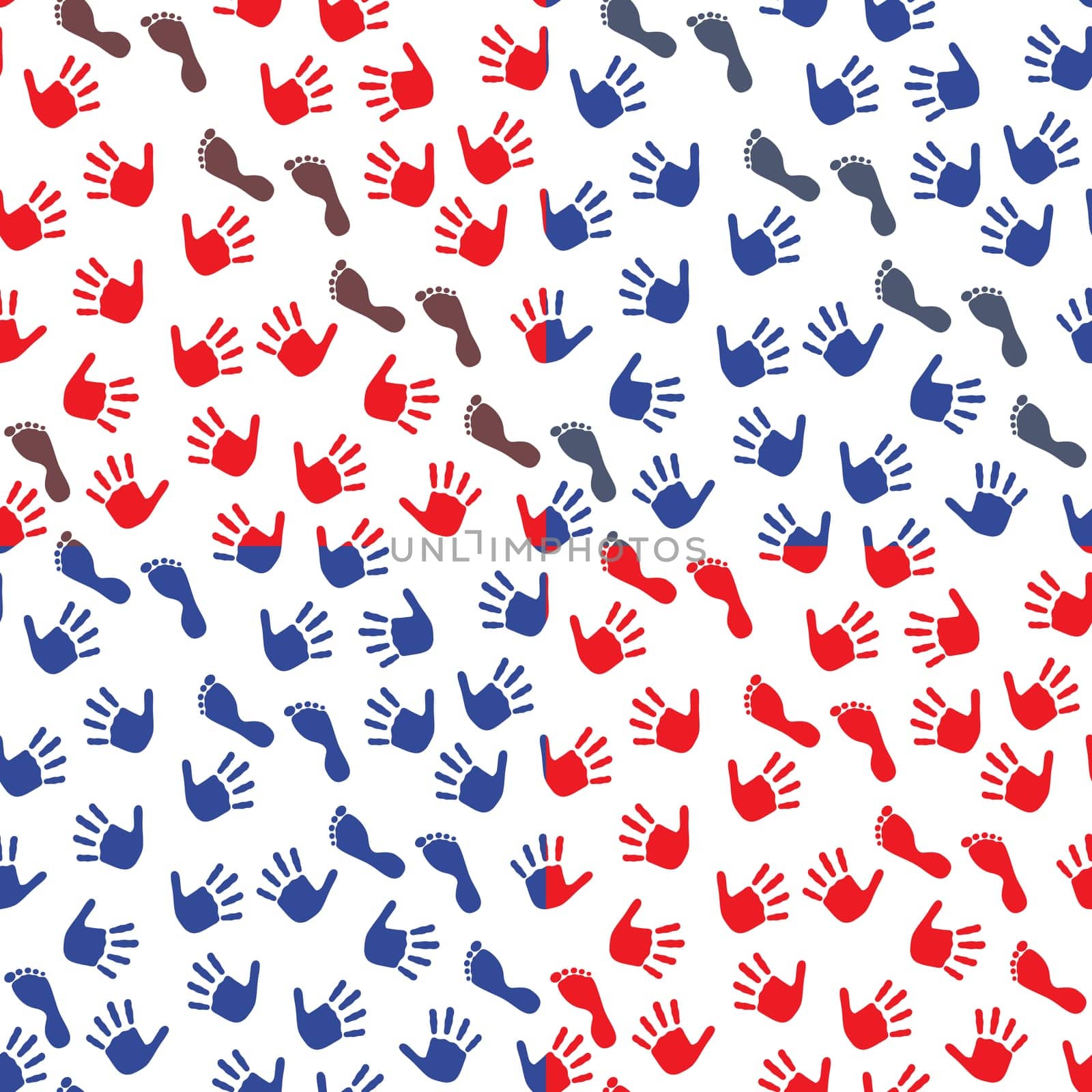 Four seamless vector pattern with colorful imprints of children's hands and feet on a white background