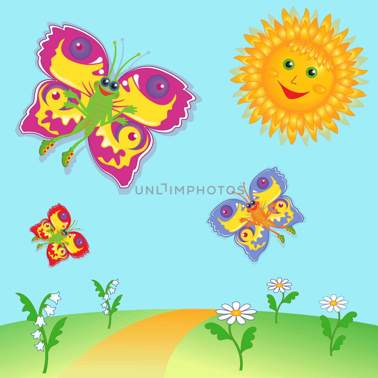 Colorful cartoon fairy butterflies flying near a Sun over meadow. Hand drawing vector illustration