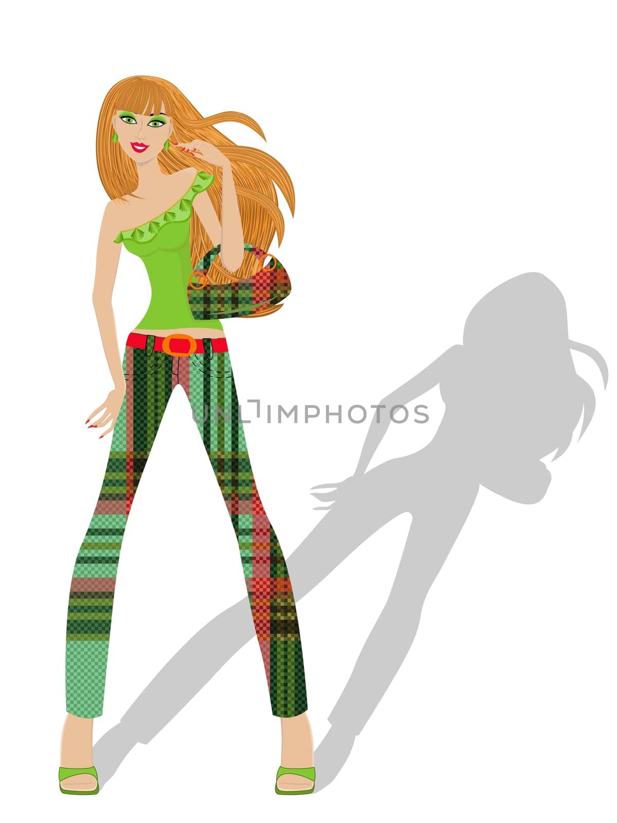Elegant model represents new clothes, hand drawing vector illustration isolated on white background