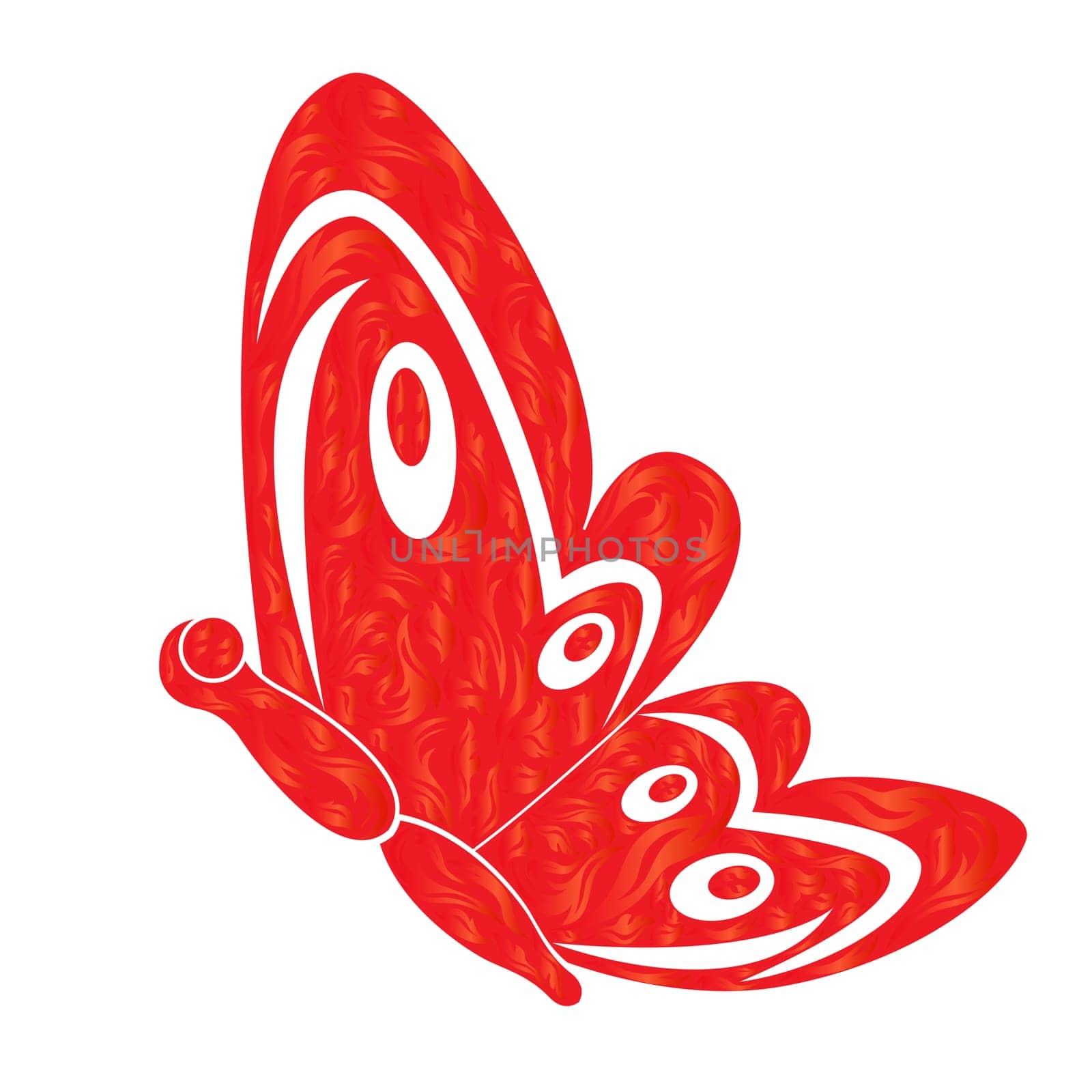 Red fiery butterfly on the white background, hand drawing stylized vector illustration