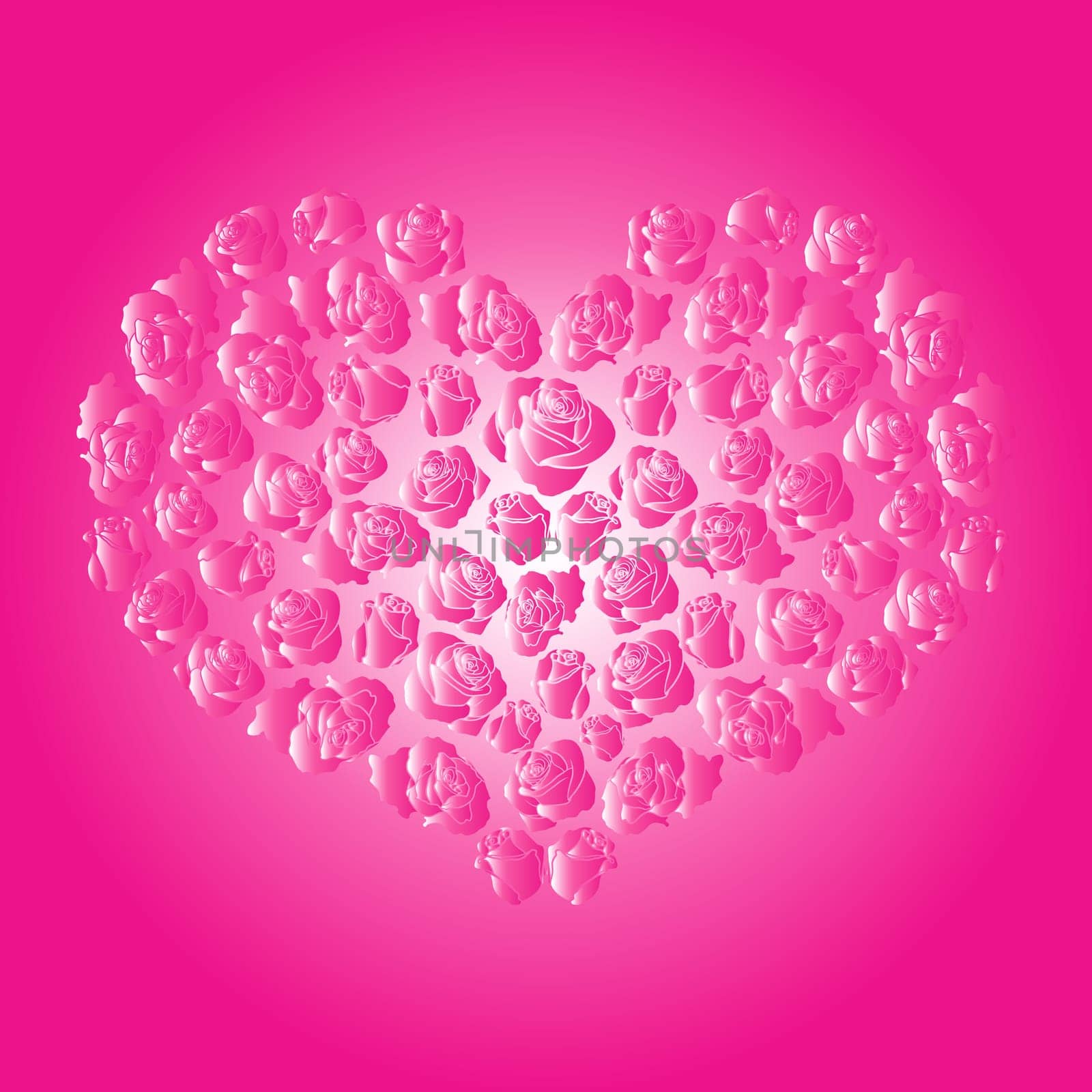 Heart with pink roses on a pink background, hand drawing Valentines vector illustration