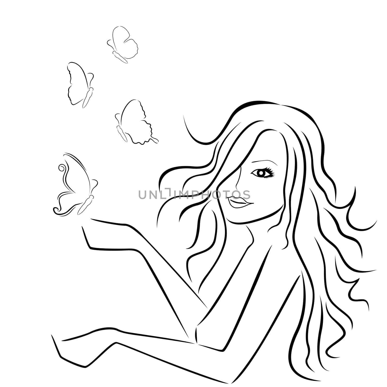 Beautiful young woman with butterflies around her, hand drawing black and white vector illustration