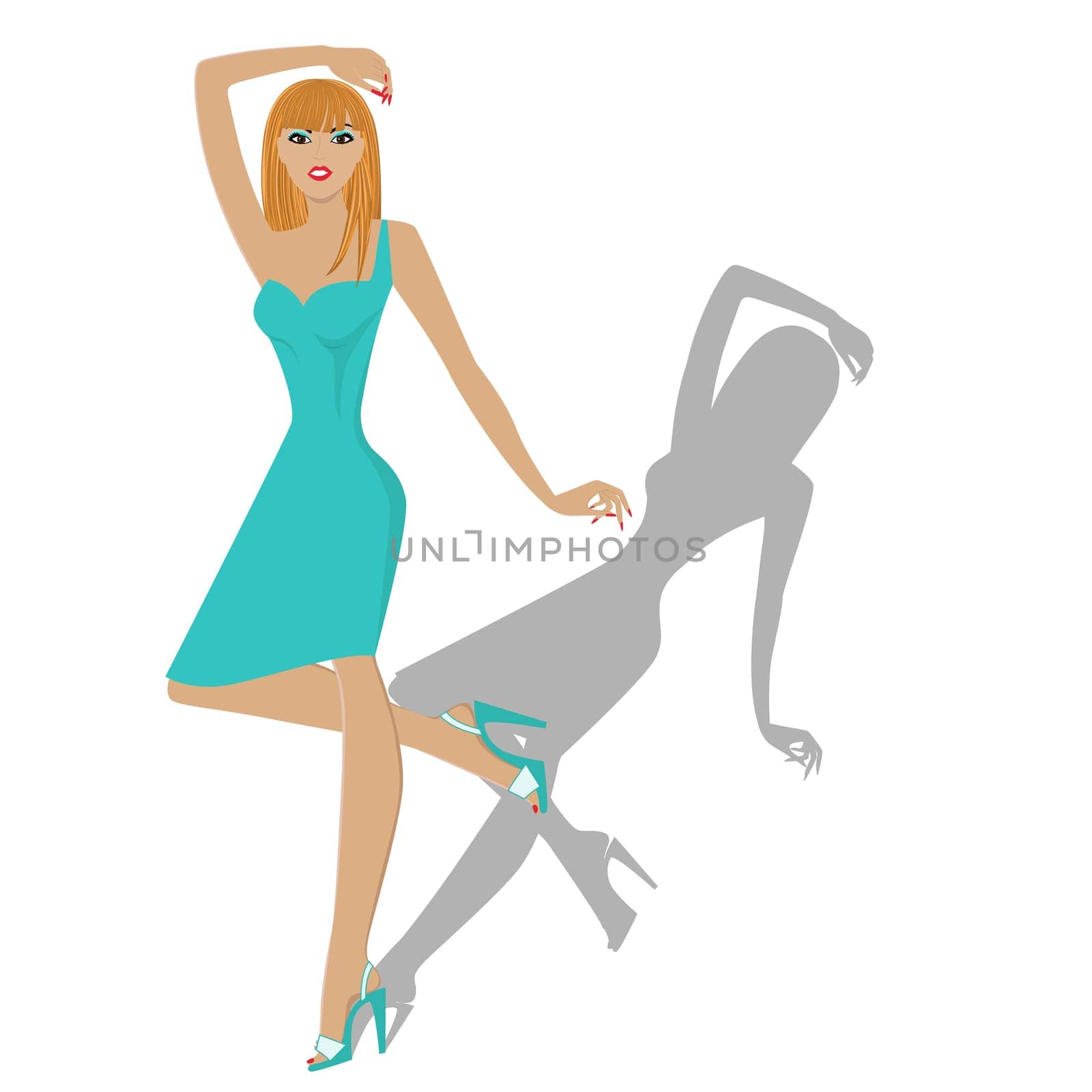 Stylish fashion model posing in a turquoise dress, hand drawing vector illustration isolated on white background