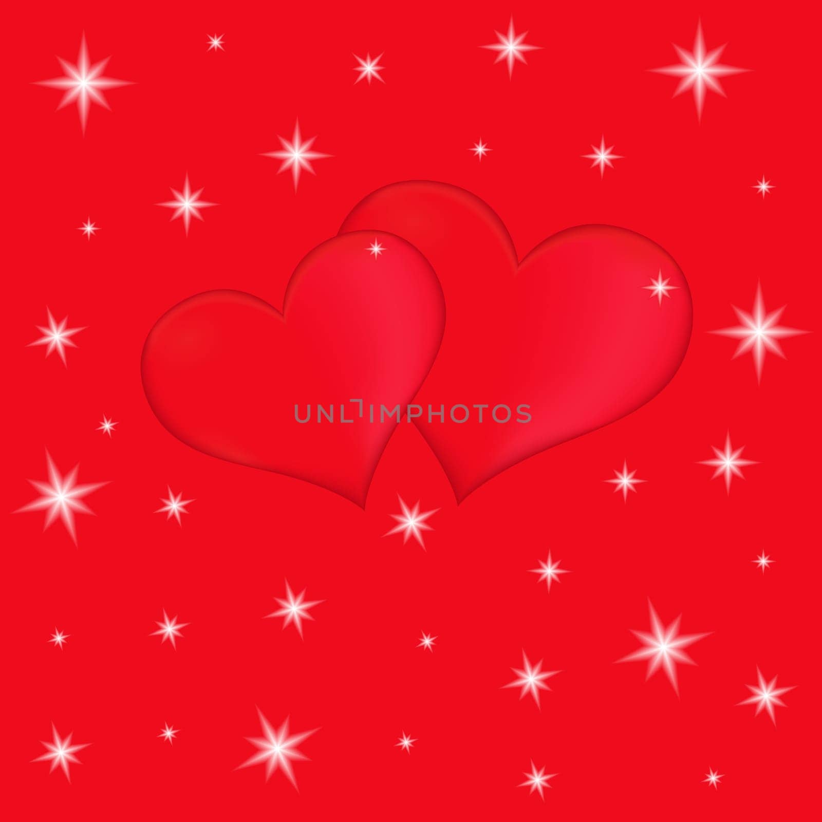 Two red hearts on a red background with stars, vector Valentines greeting card
