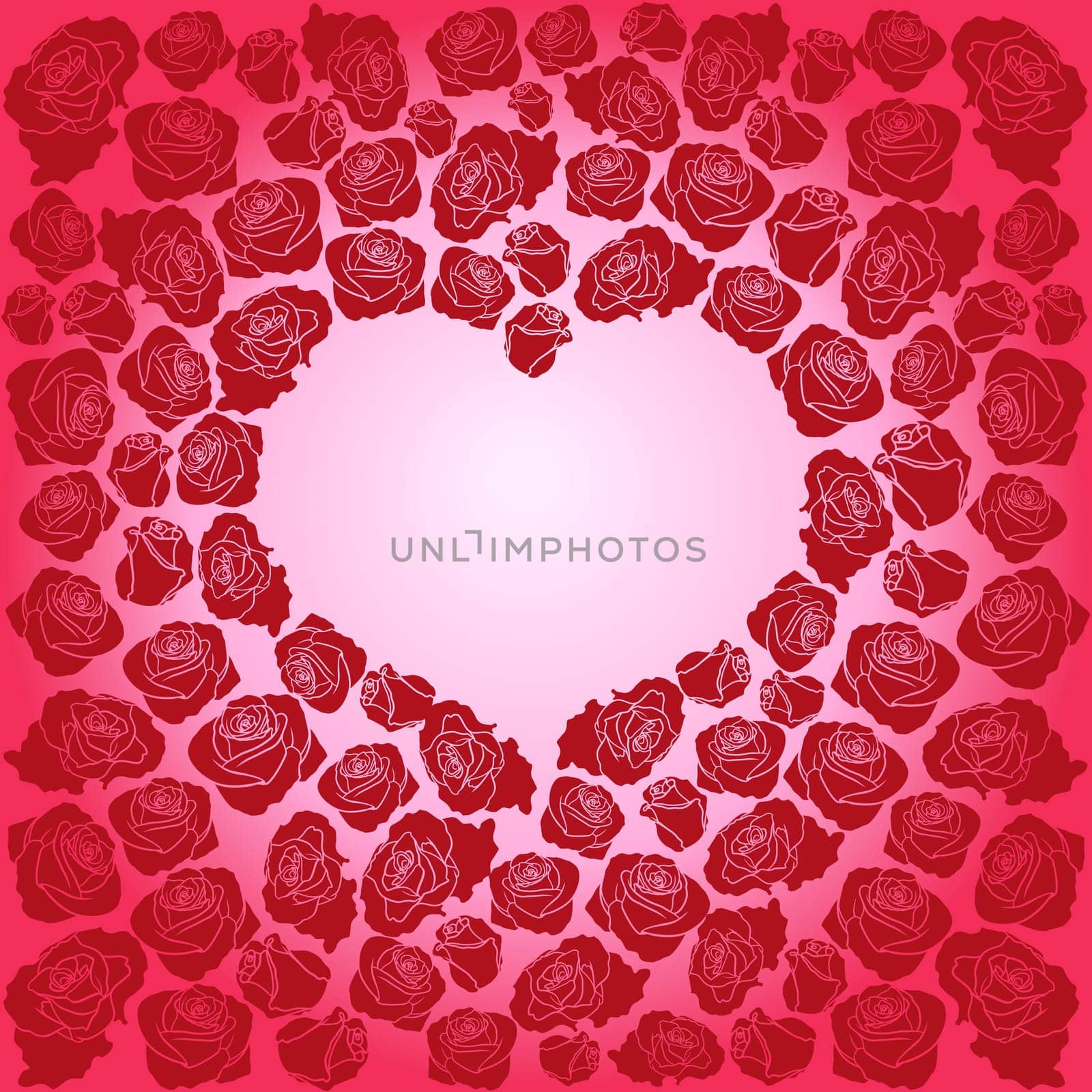 Heart of dark red roses on a pink background, hand drawing Valentines vector illustration