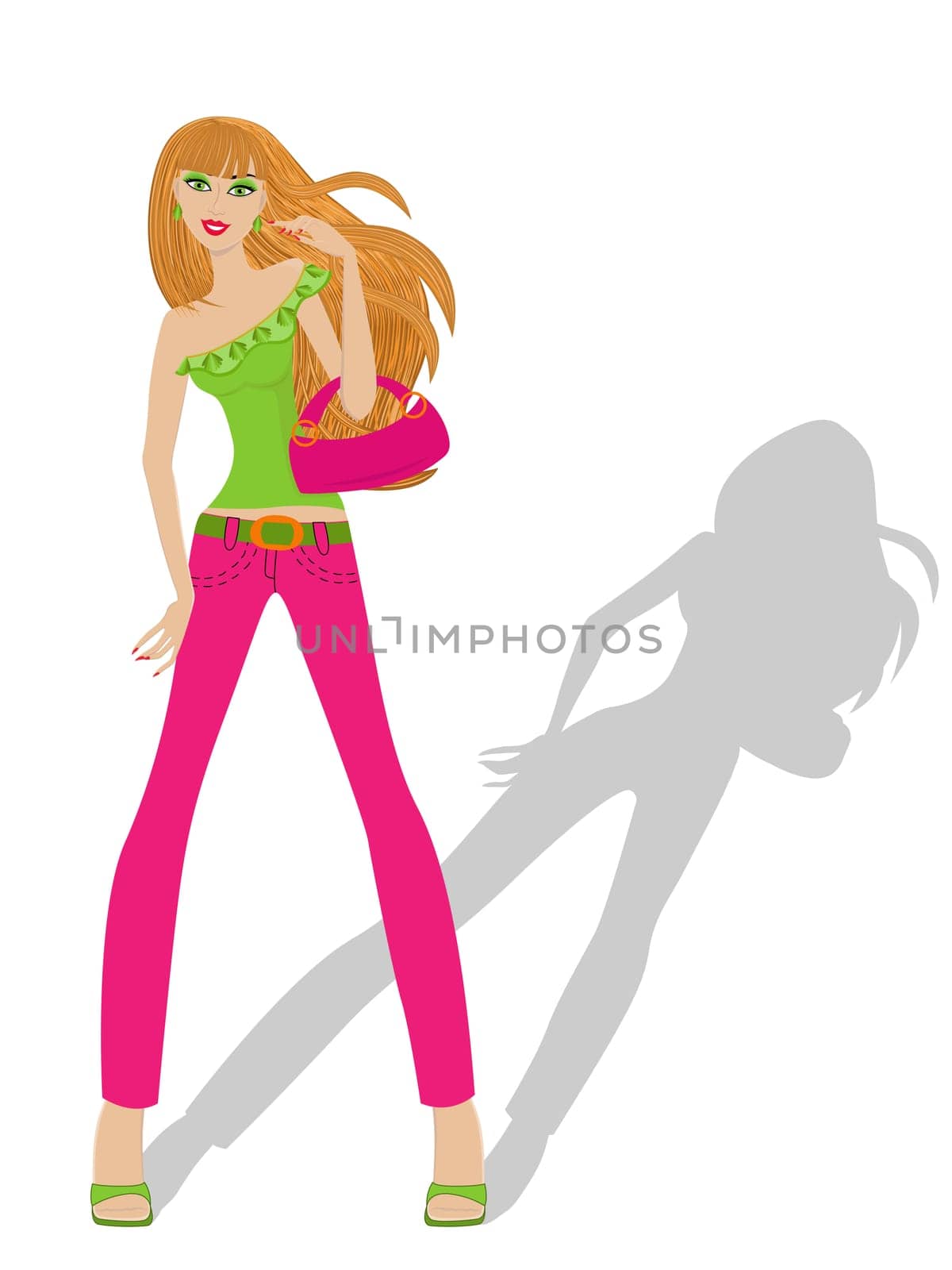 Elegant model represents new style clothes, hand drawing vector illustration isolated on white background