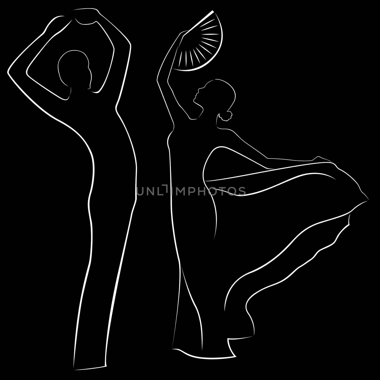 Man and woman dancing. hand drawing black and white vector illustration with black background