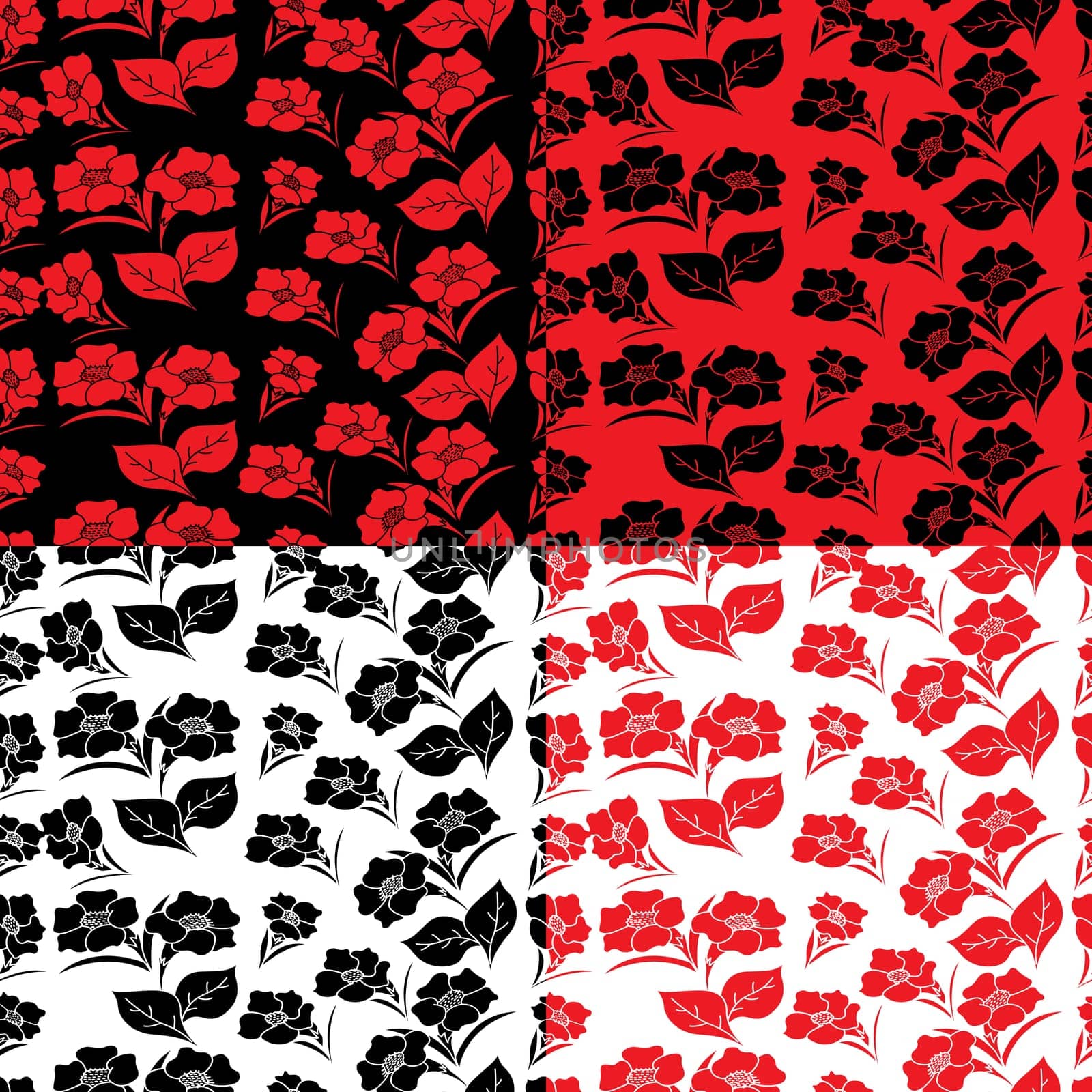Four identical seamless floral patterns in different colors, hand drawing vector illustration