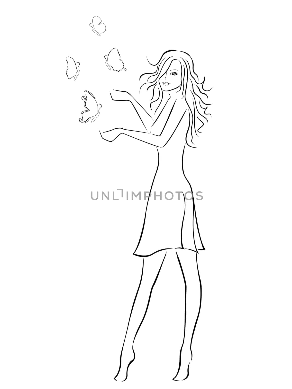 Beautiful girl with butterflies, hand drawing black and white vector illustration