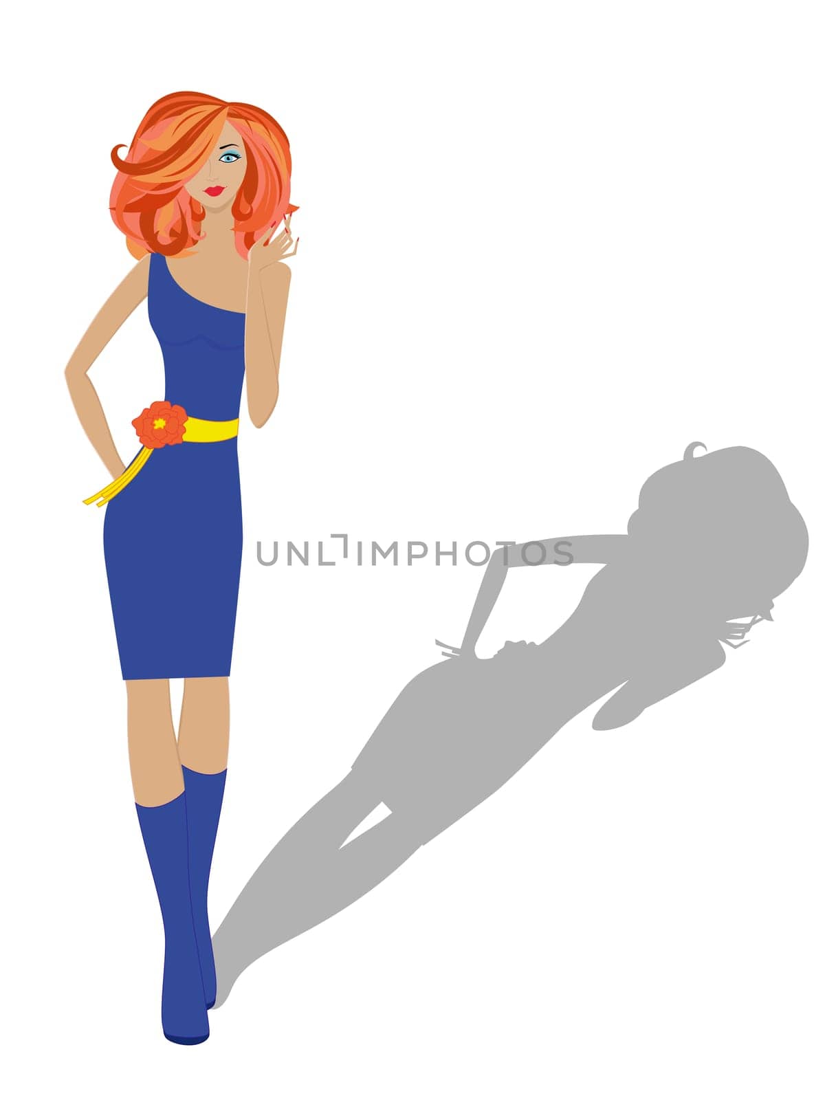 Fashion model represents new clothes, hand drawing vector illustration isolated on white background