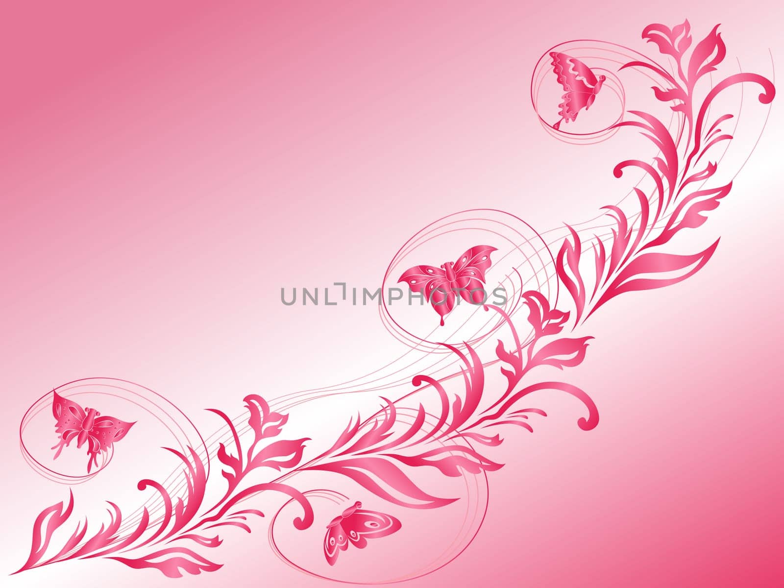 Butterflies flying a beautiful twig, hand drawing stylized vector greeting card in pink tints