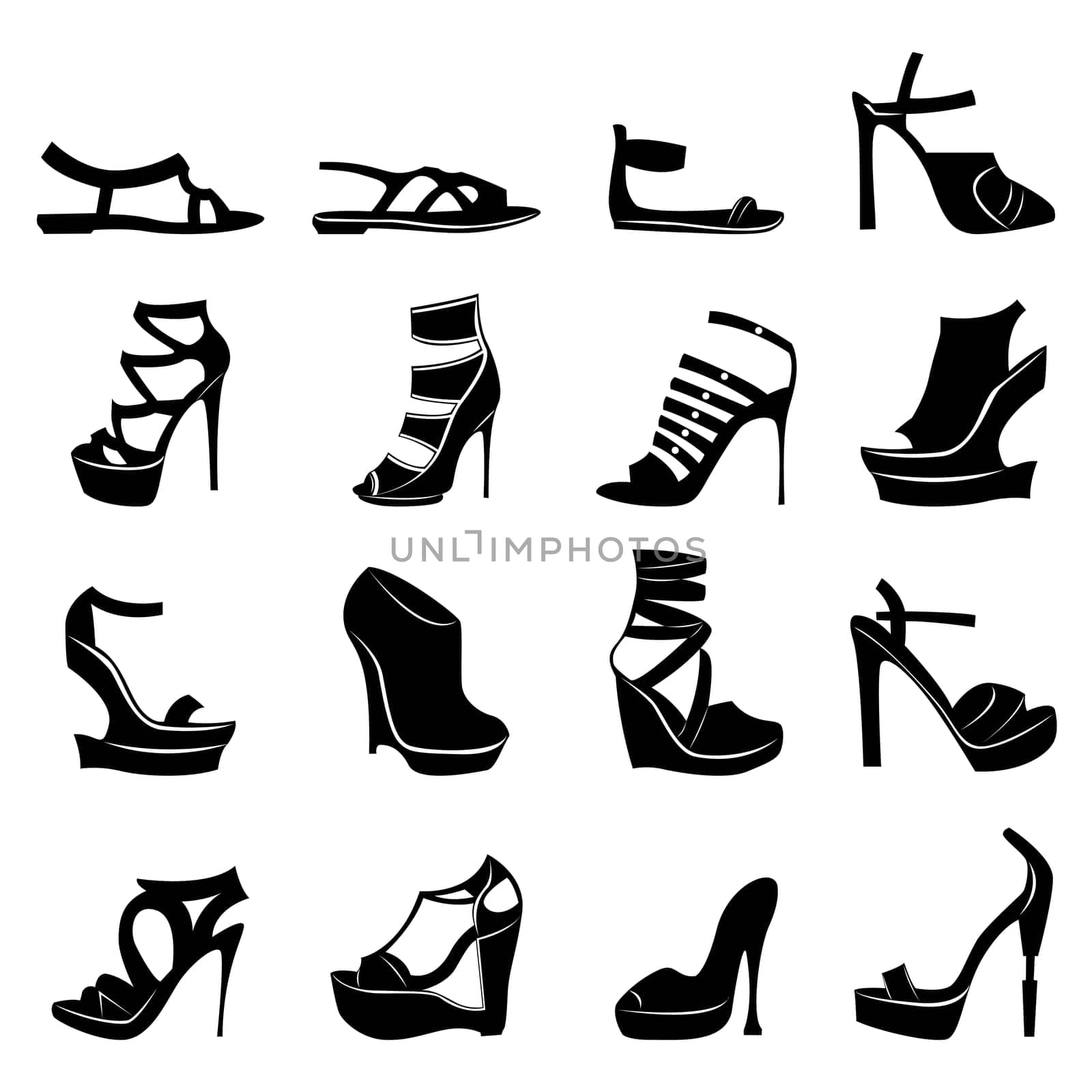 Collection of sixteen silhouettes of different stylish women footwear models, B&W hand drawing vector illustration