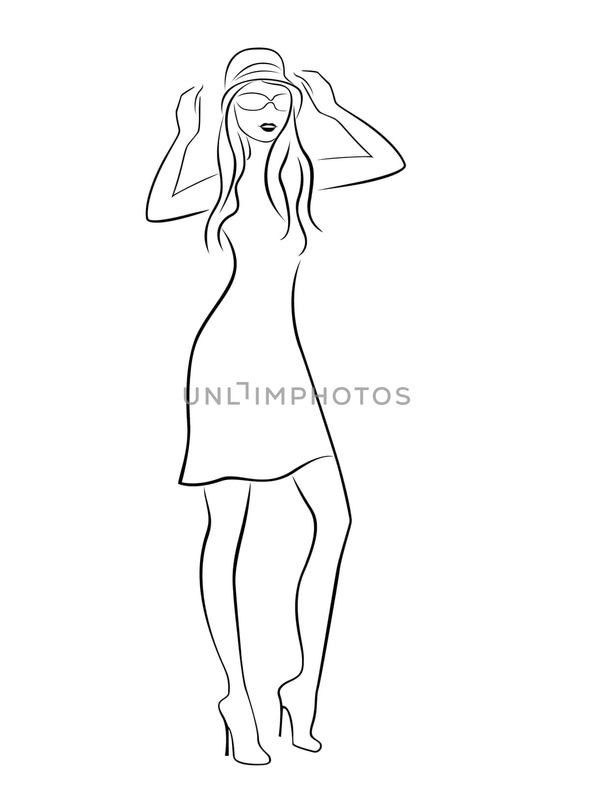 Elegant woman in hat and glasses isolated on white background, hand drawing vector illustration
