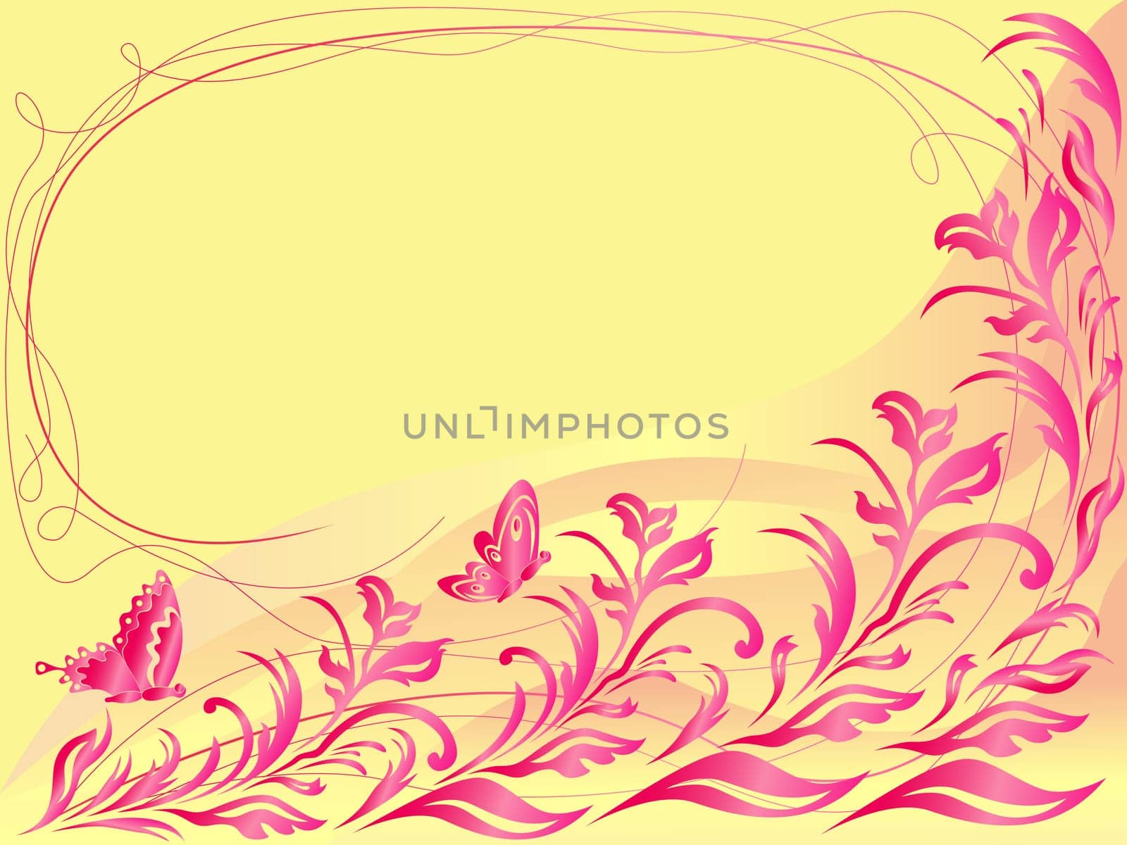 Butterflies flying a beautiful twig, hand drawing stylized vector greeting card in orange and pink tints