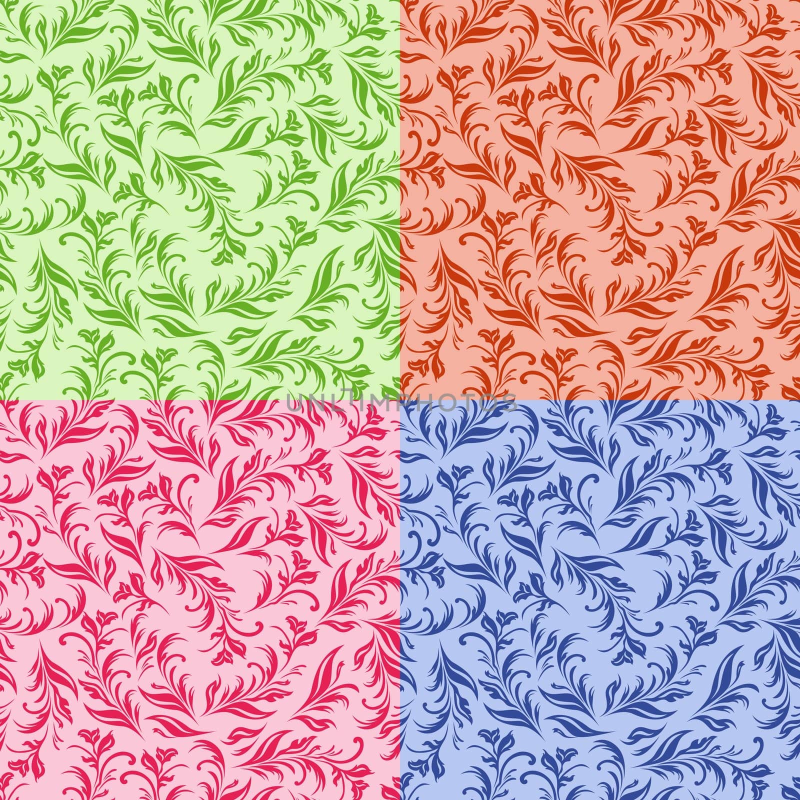 Four similar stylized swirl floral images in different colors, hand drawing vector illustration