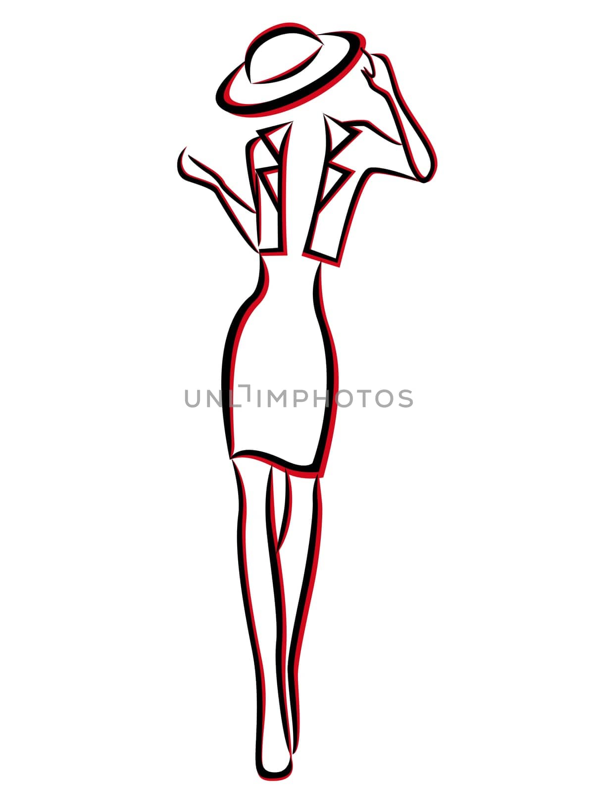 Elegant young woman in hat and jacket with black and red contours isolated on white background, hand drawing vector illustration